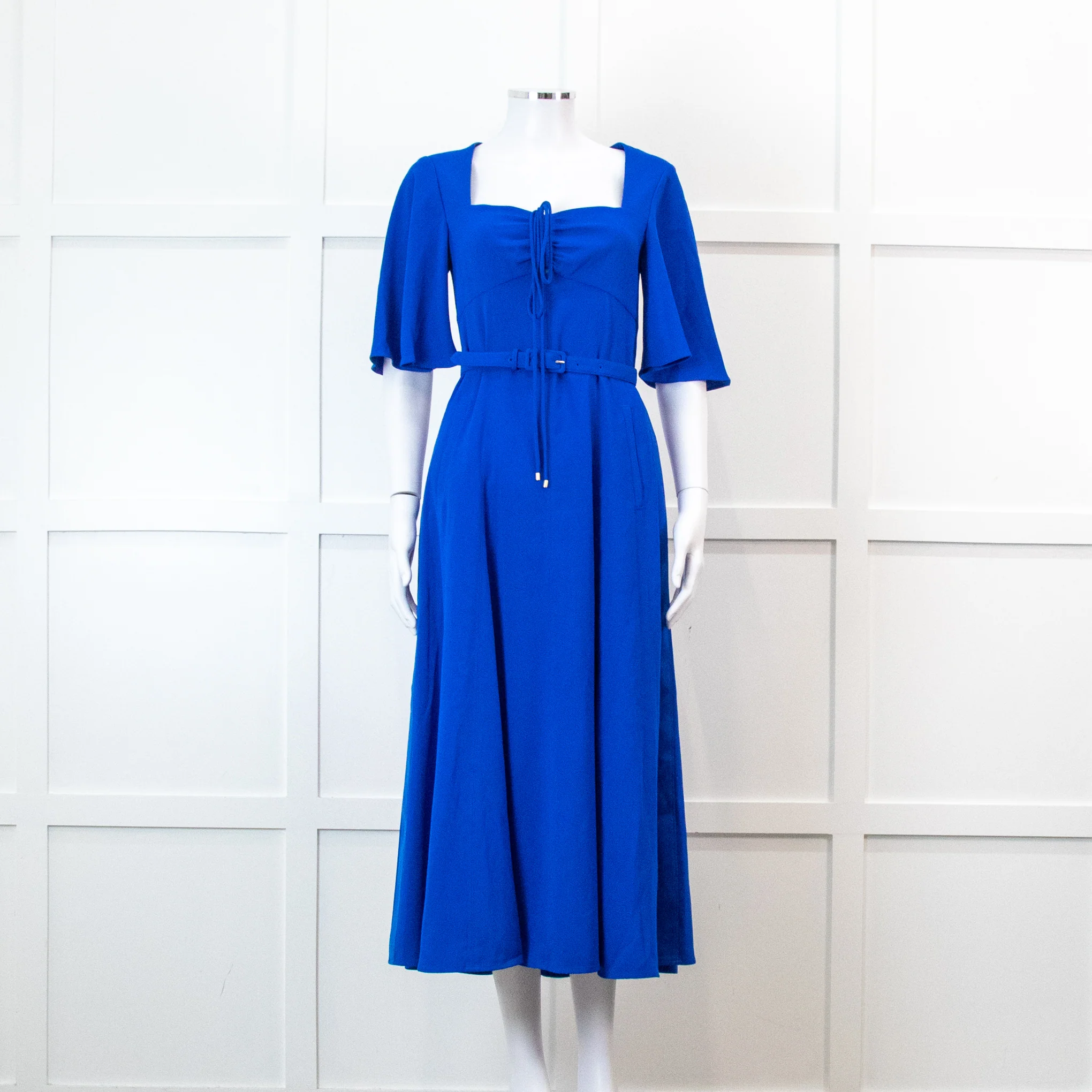 Me + Em Electric Blue Crepe Tie Neck Midi Dress With Belt