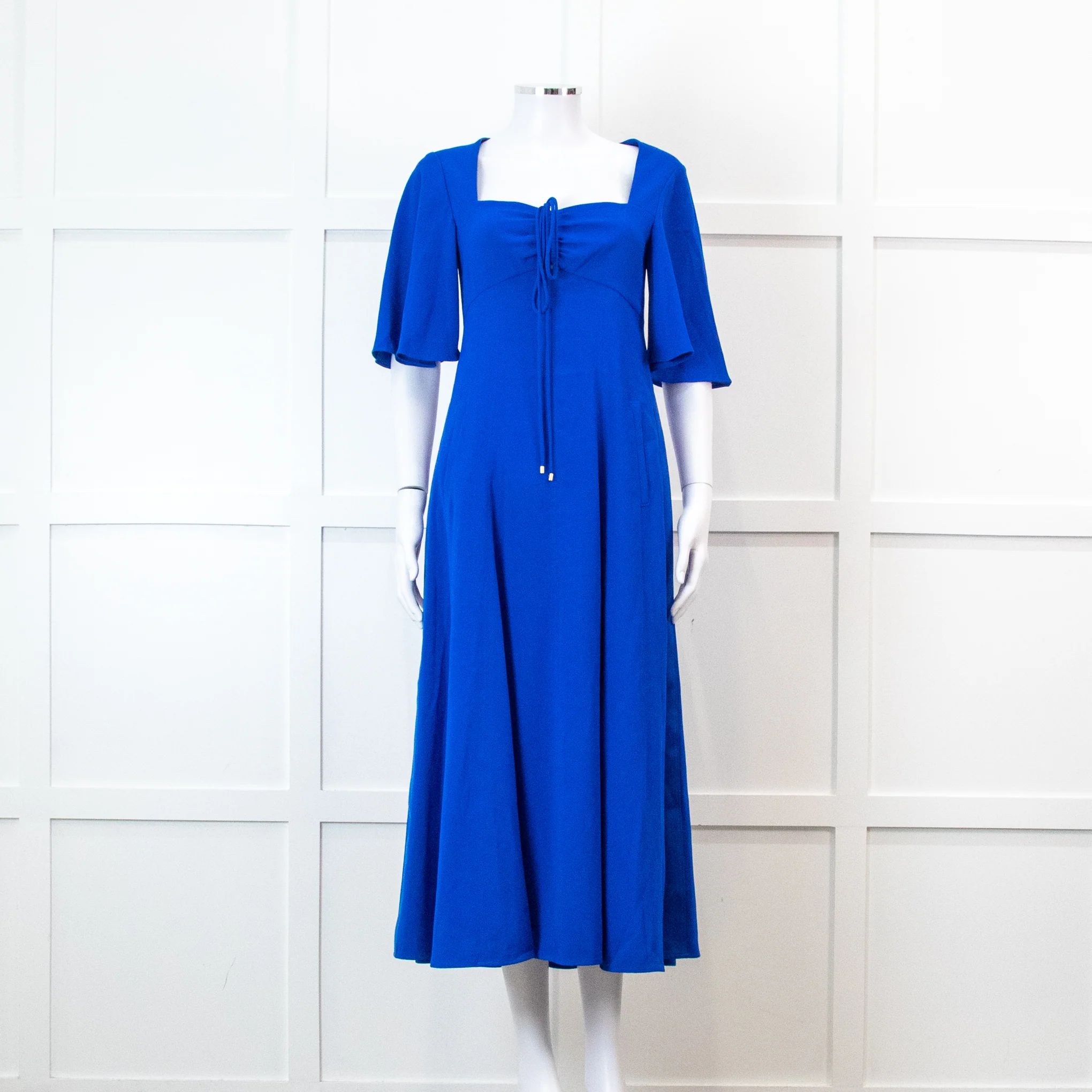 Me + Em Electric Blue Crepe Tie Neck Midi Dress With Belt - Image 2
