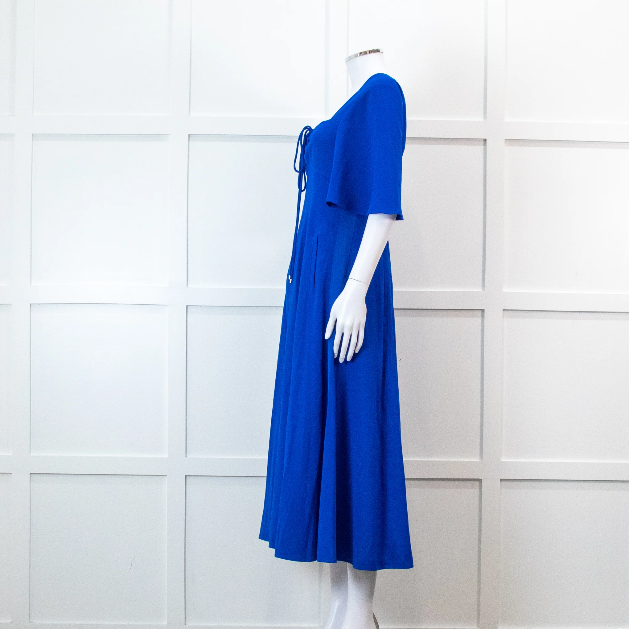 Me + Em Electric Blue Crepe Tie Neck Midi Dress With Belt - Image 8