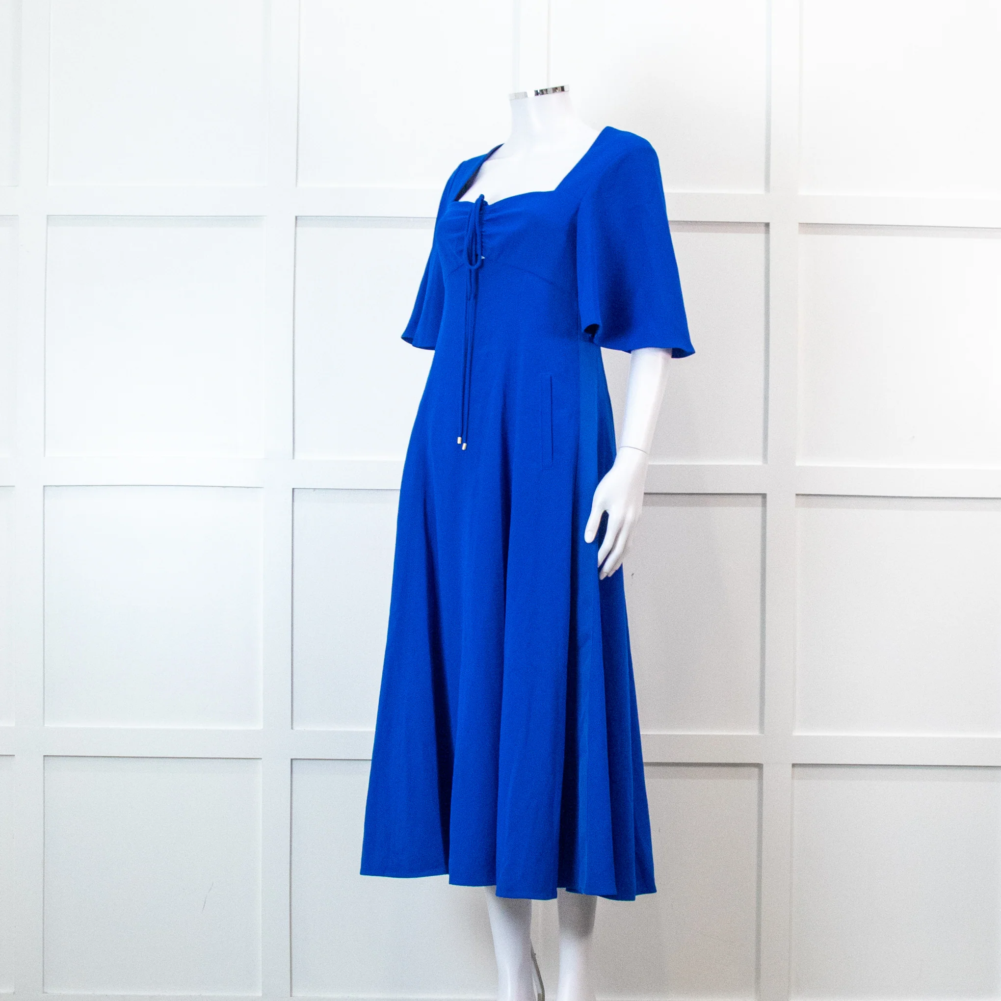 Me + Em Electric Blue Crepe Tie Neck Midi Dress With Belt - Image 9