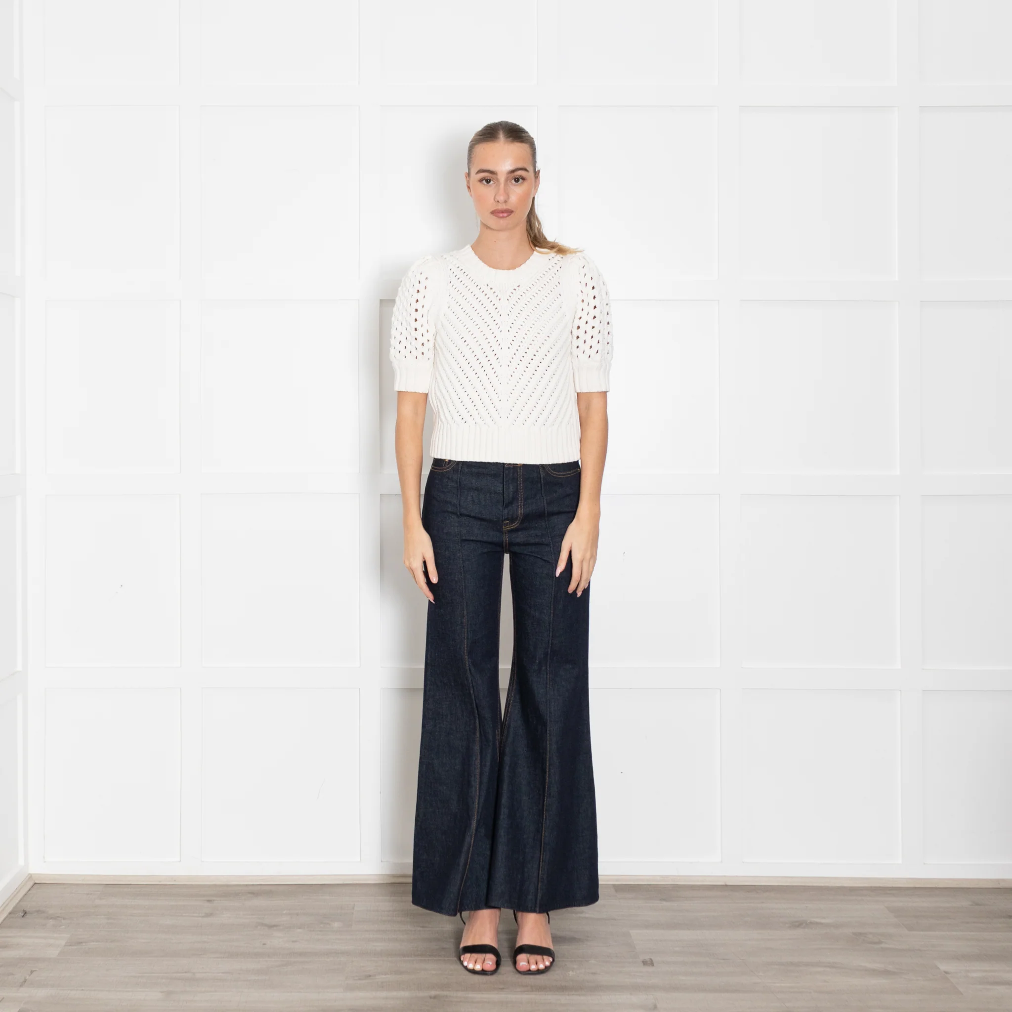 Me + Em Fresh White Cotton Chevron Pouf Sleeve Top
