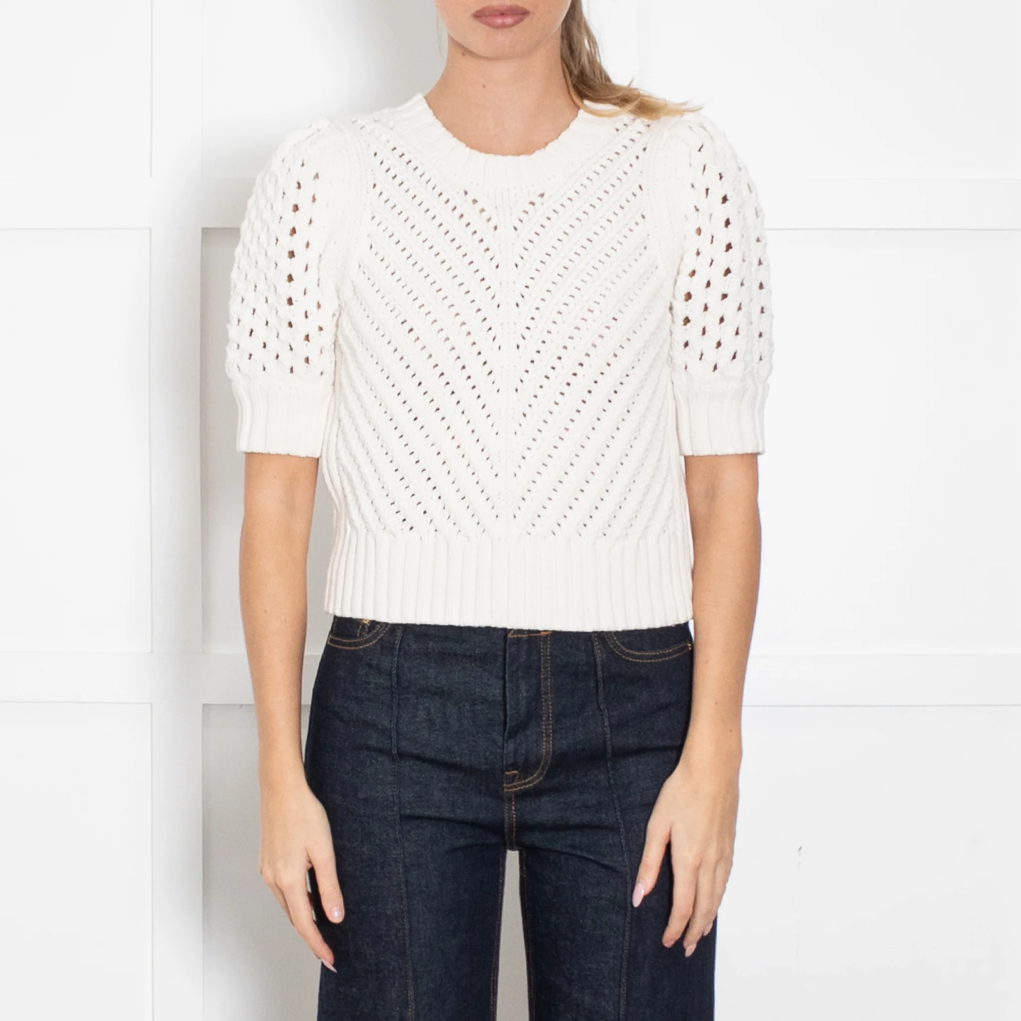 Me + Em Fresh White Cotton Chevron Pouf Sleeve Top - Image 2