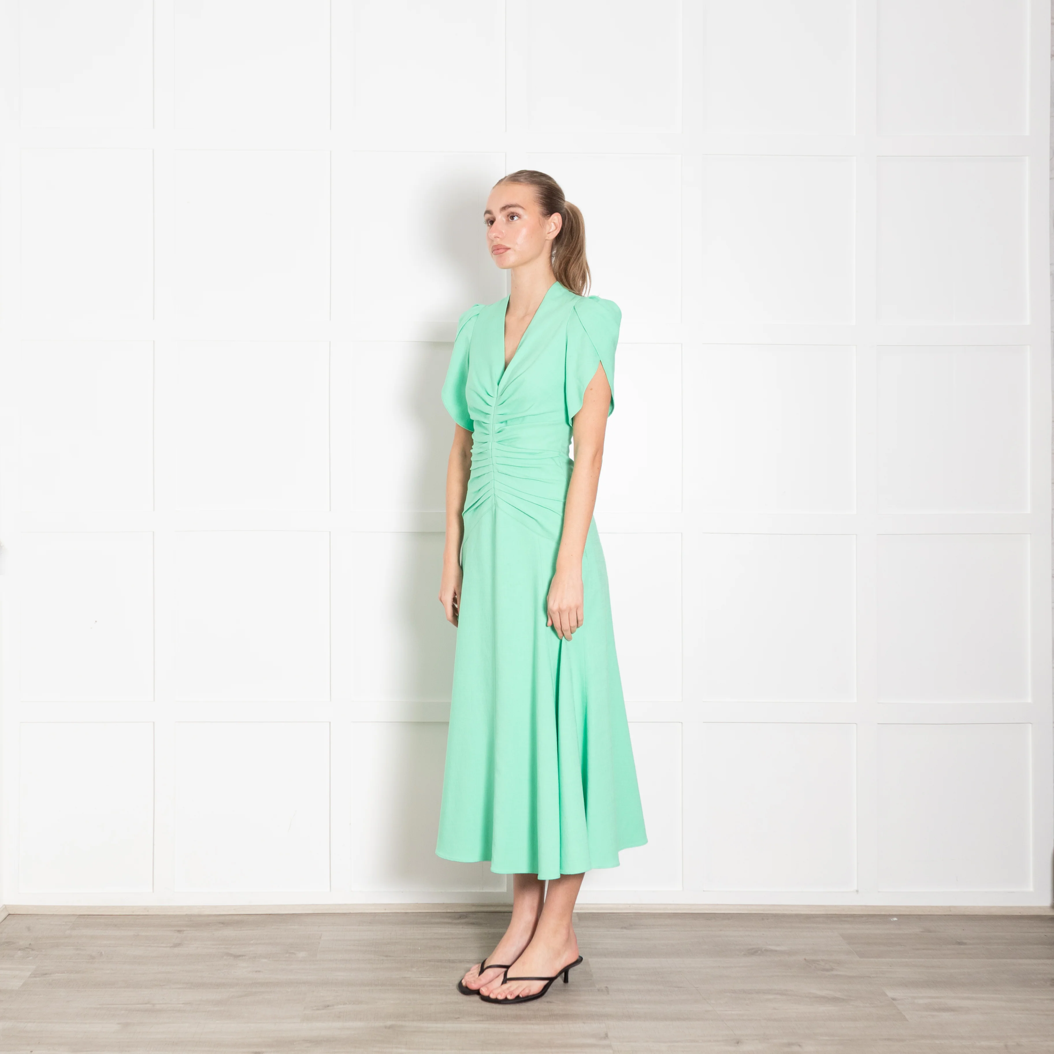 Me + Em Green Gathered Waist Midi Dress with Cap Sleeves - Image 3