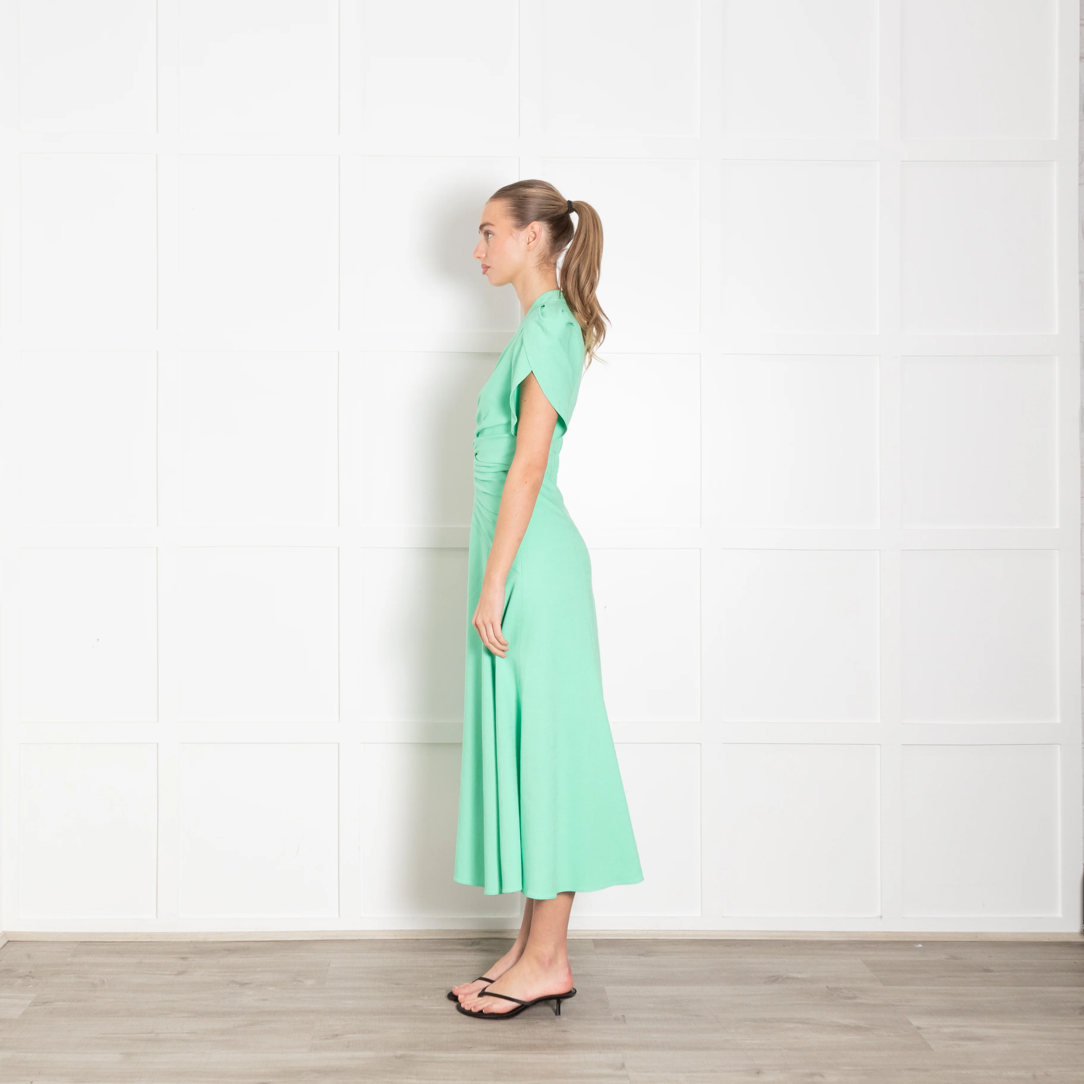 Me + Em Green Gathered Waist Midi Dress with Cap Sleeves - Image 4