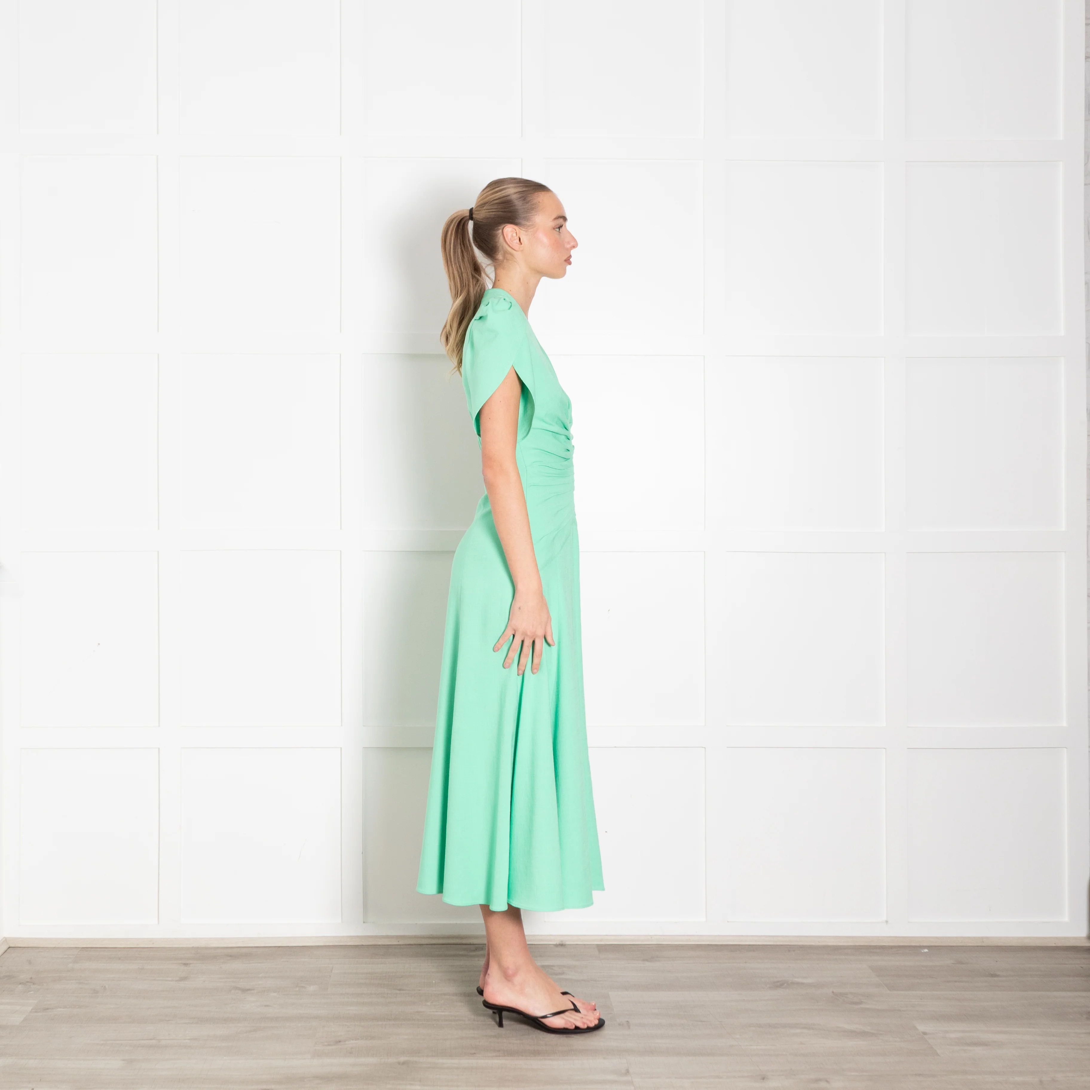 Me + Em Green Gathered Waist Midi Dress with Cap Sleeves - Image 6
