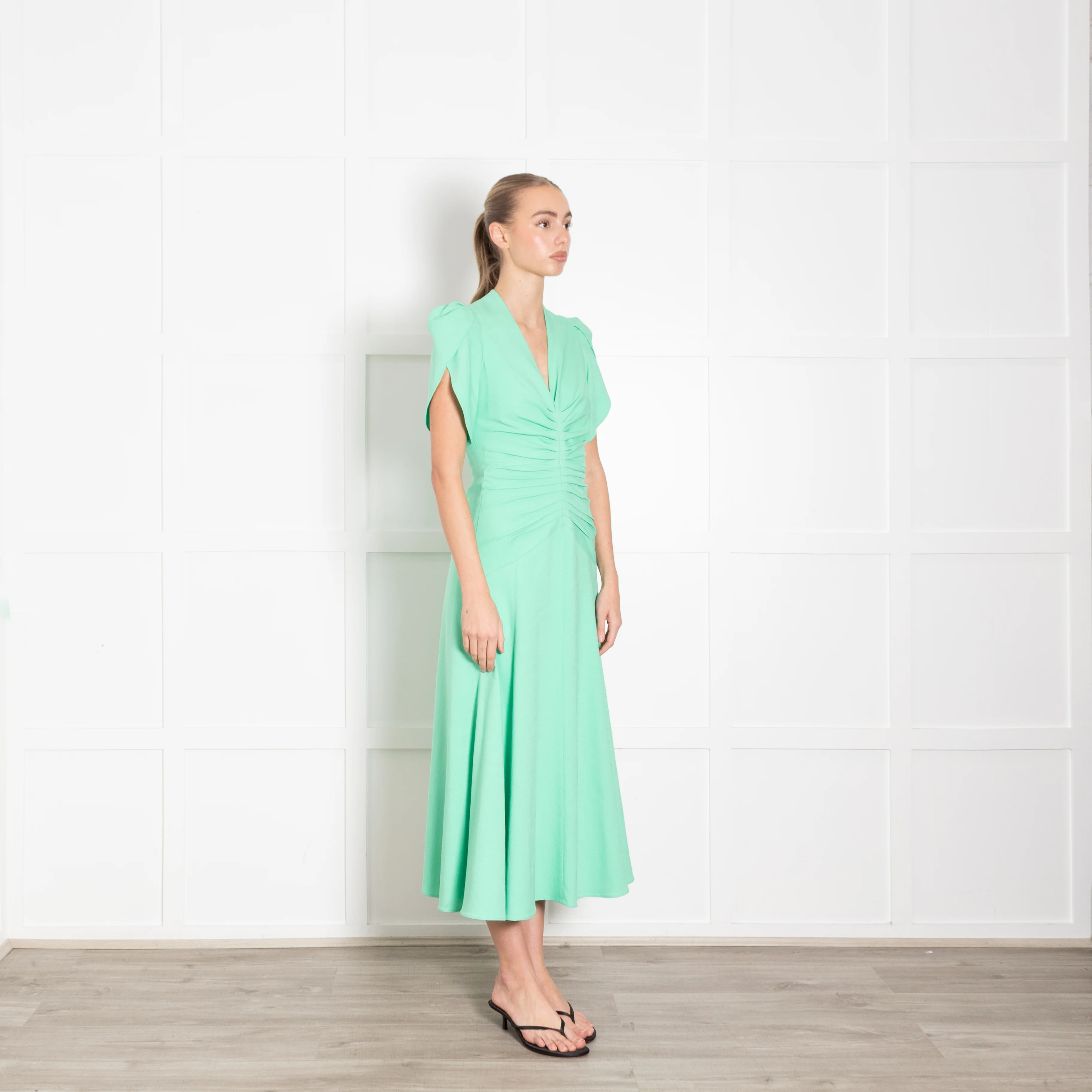 Me + Em Green Gathered Waist Midi Dress with Cap Sleeves - Image 7