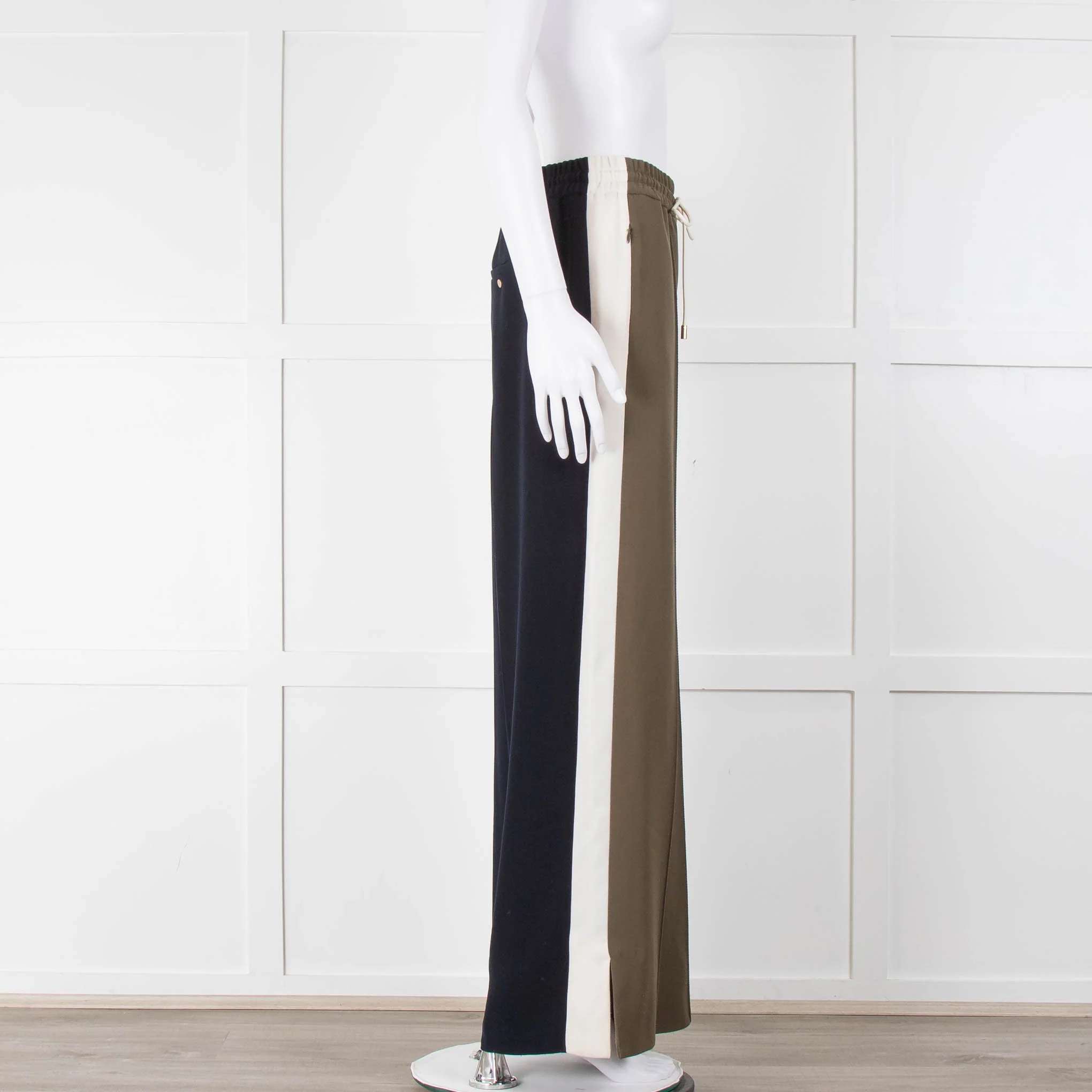 Me + Em Green Navy Cream Wide Leg Drawstring Trousers - Image 2