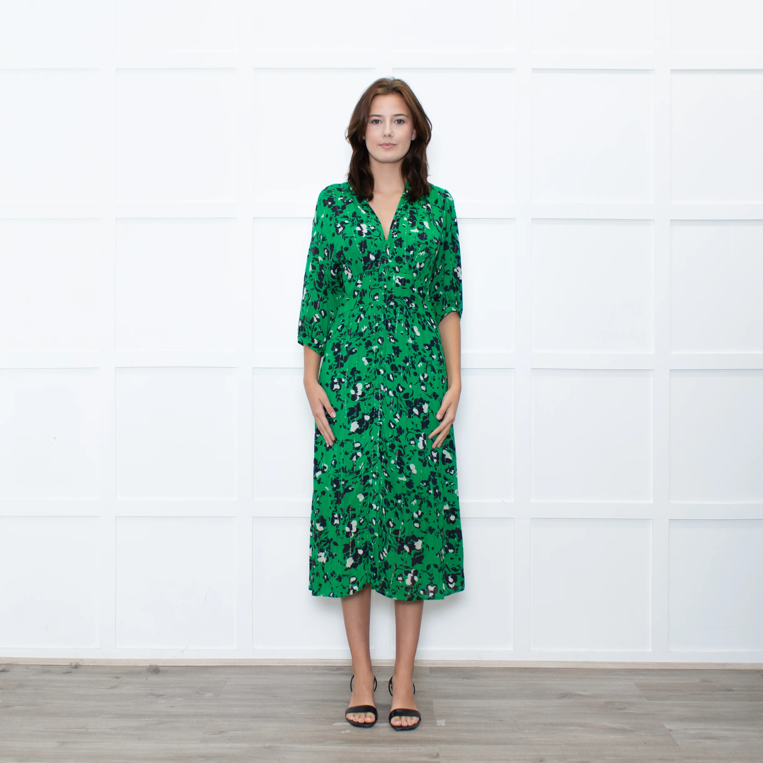 Me + Em Green Pink Floral Long Sleeve Maxi Dress