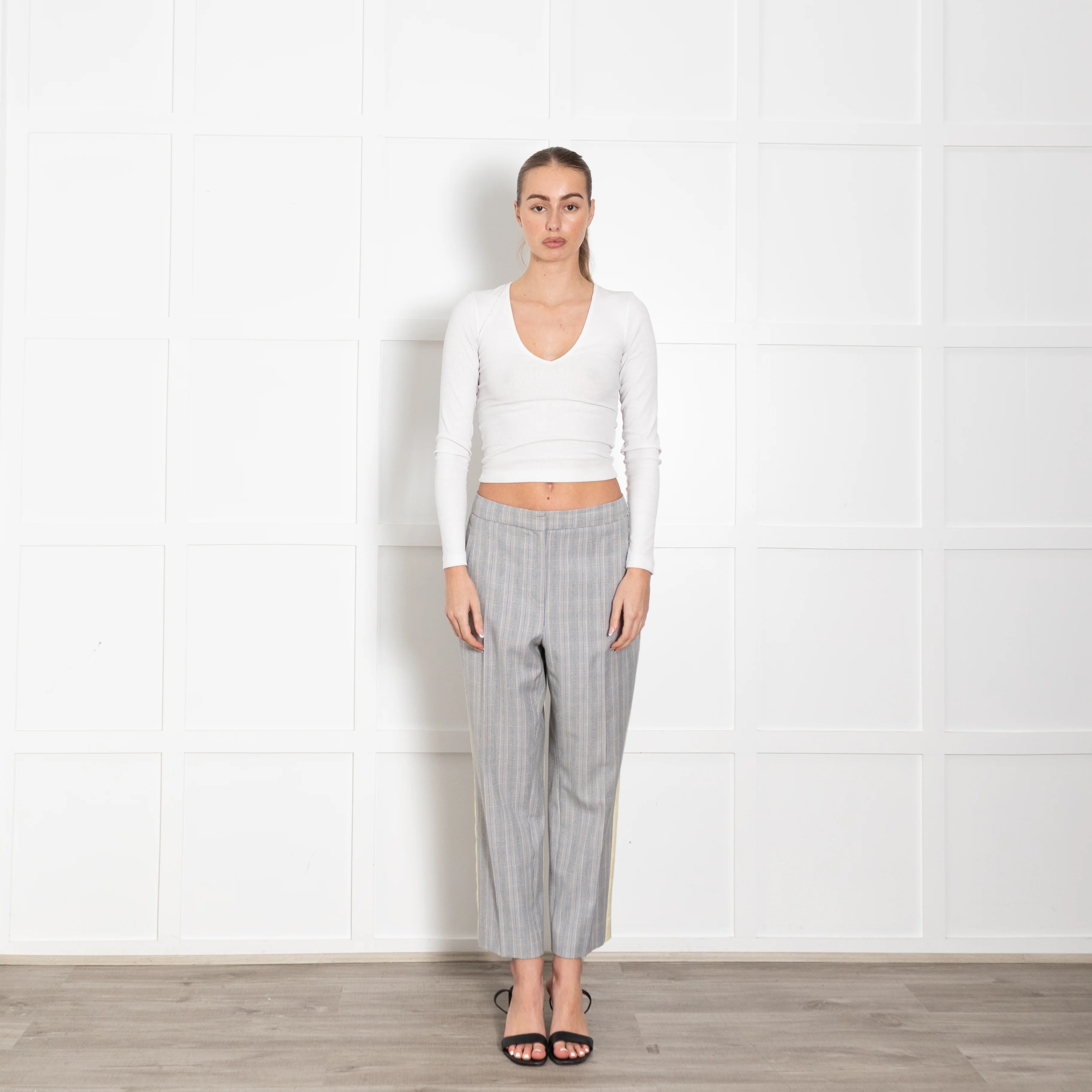 Me + Em Grey Blue Cream Check Yellow Side Stripe Trousers