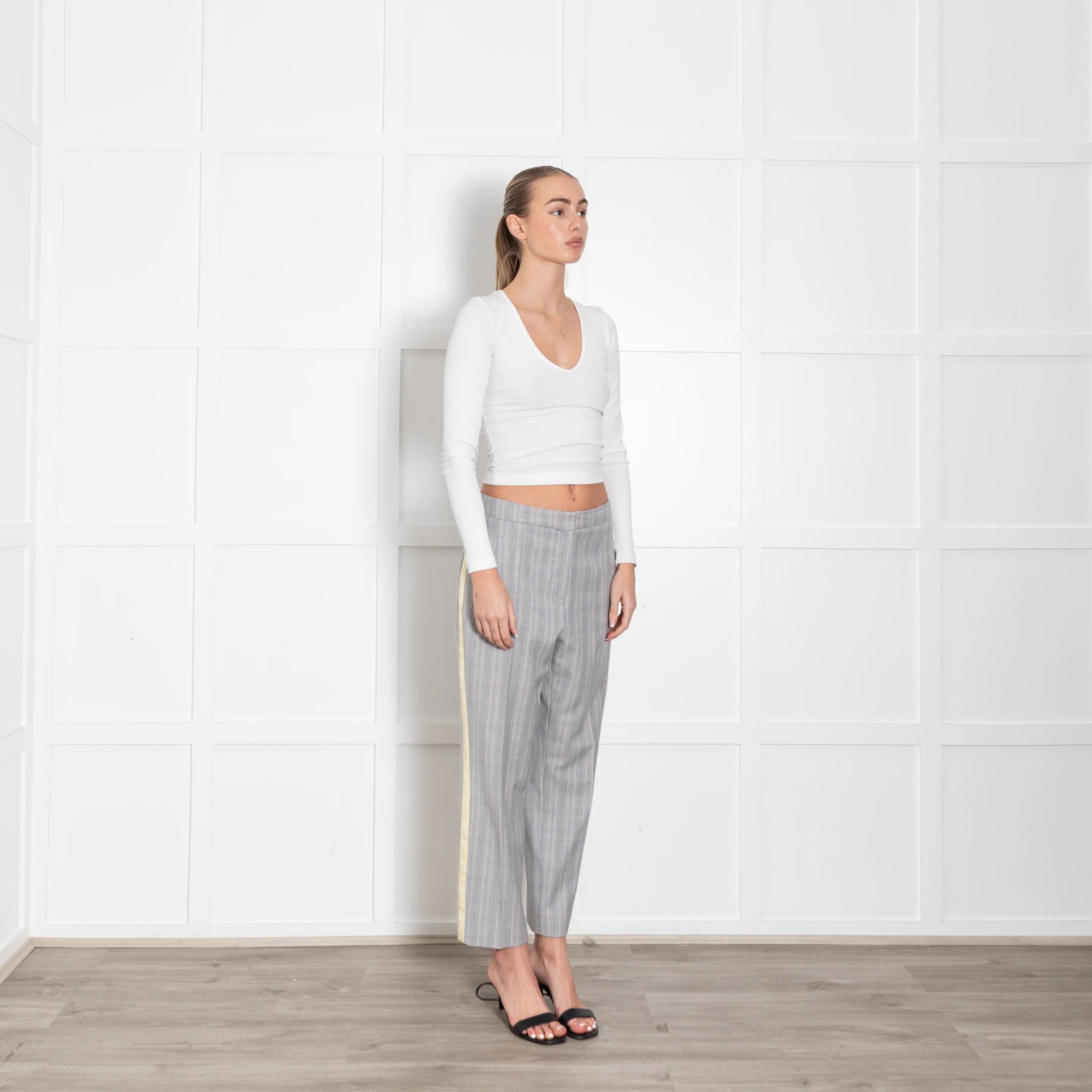 Me + Em Grey Blue Cream Check Yellow Side Stripe Trousers - Image 3