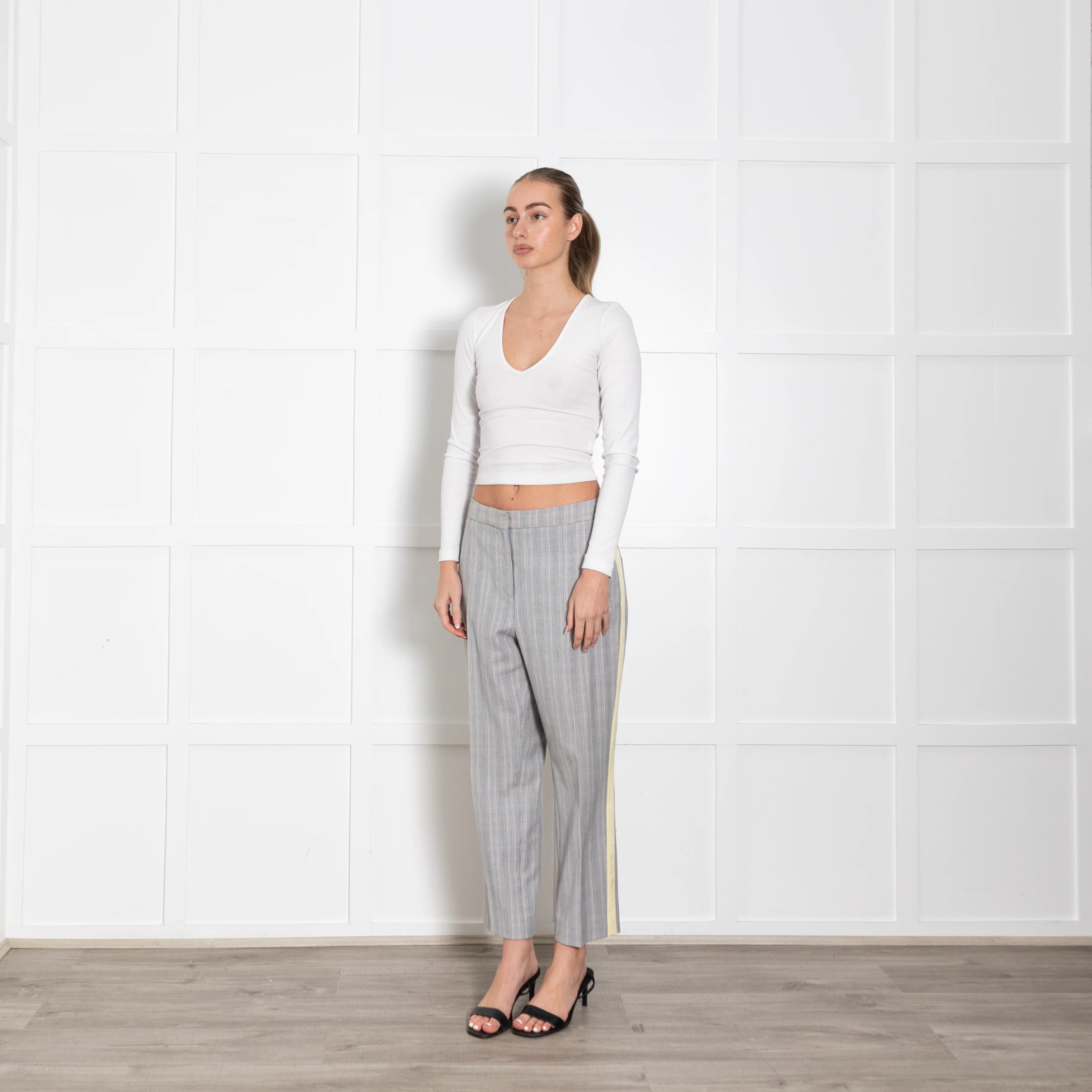 Me + Em Grey Blue Cream Check Yellow Side Stripe Trousers - Image 4