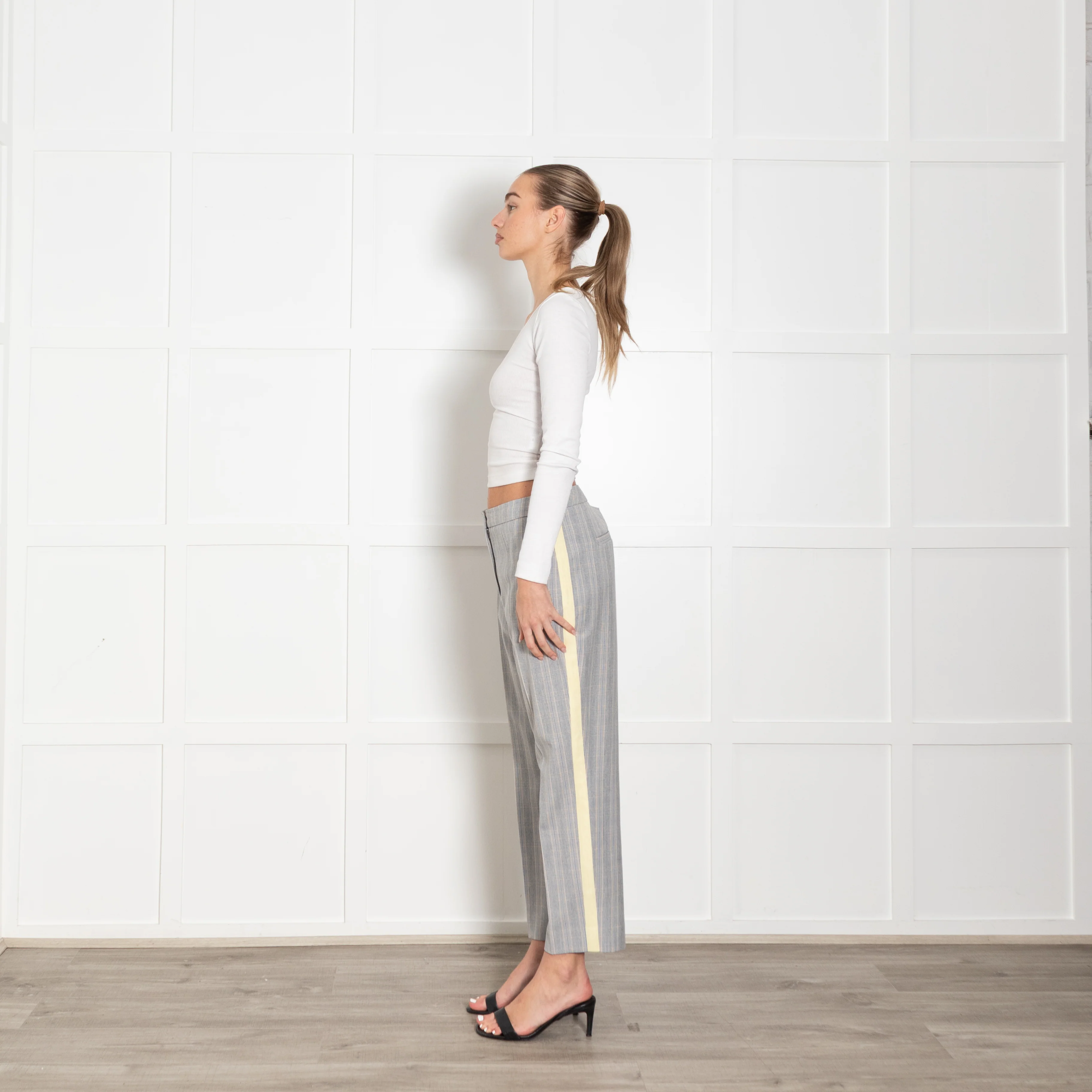 Me + Em Grey Blue Cream Check Yellow Side Stripe Trousers - Image 5
