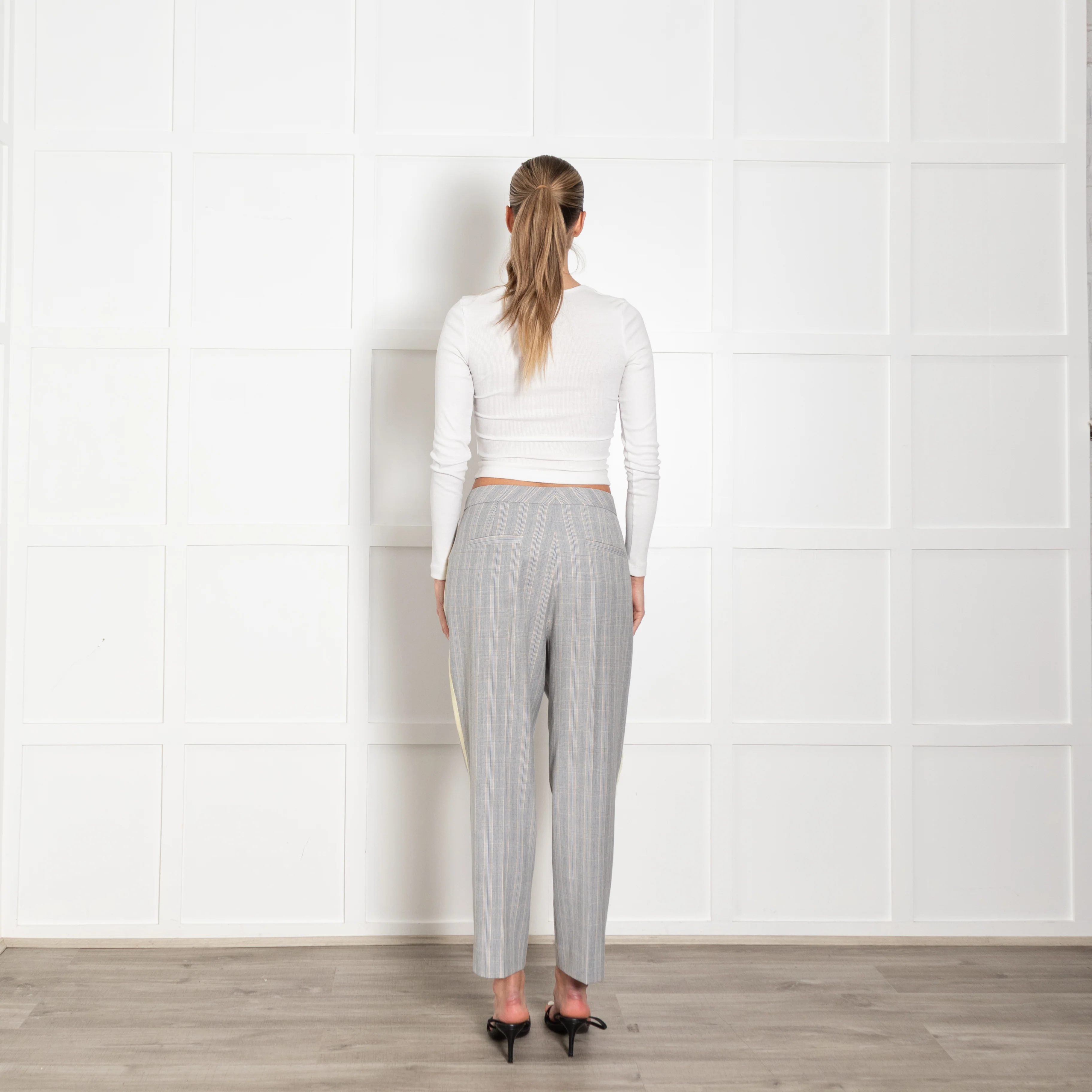 Me + Em Grey Blue Cream Check Yellow Side Stripe Trousers - Image 6