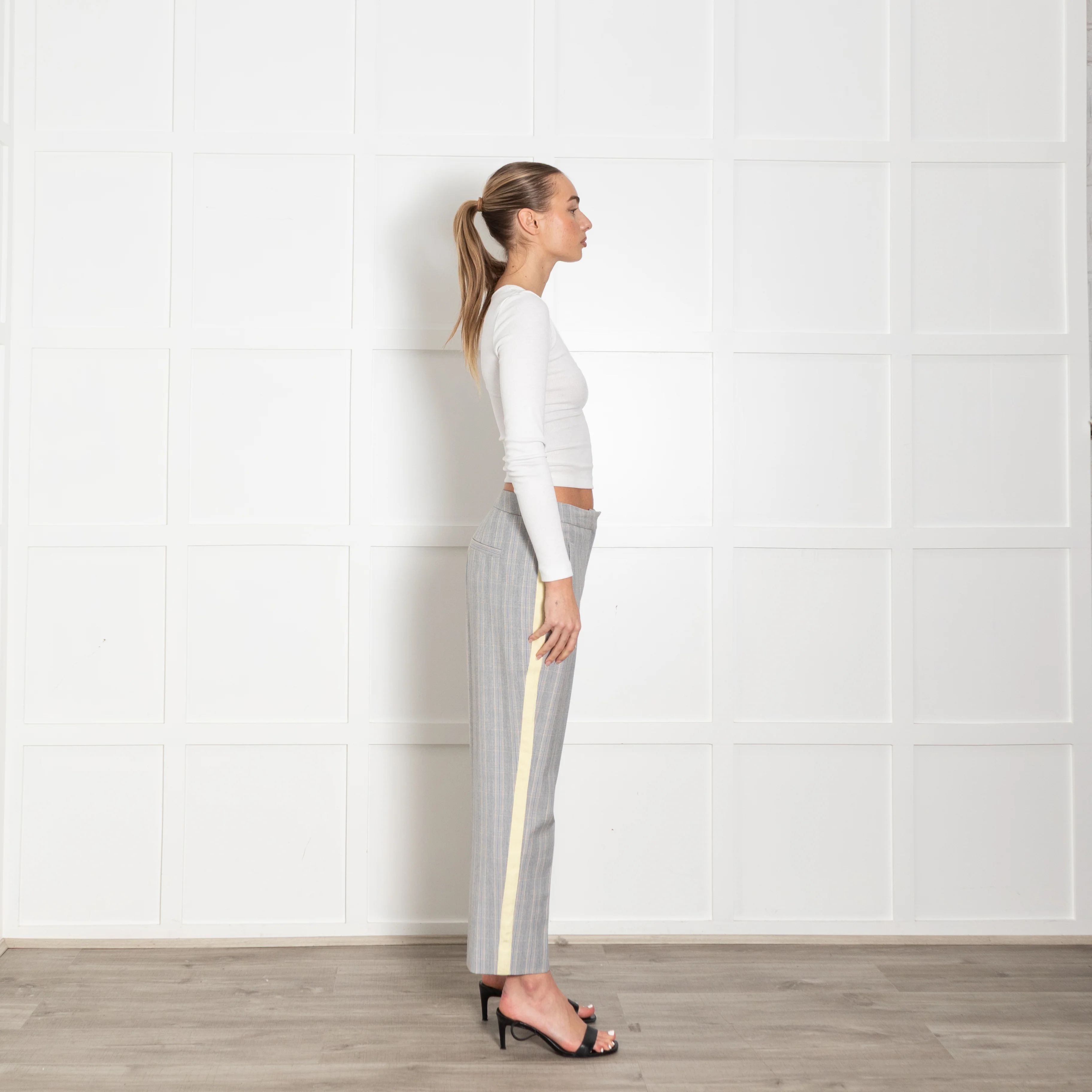 Me + Em Grey Blue Cream Check Yellow Side Stripe Trousers - Image 7