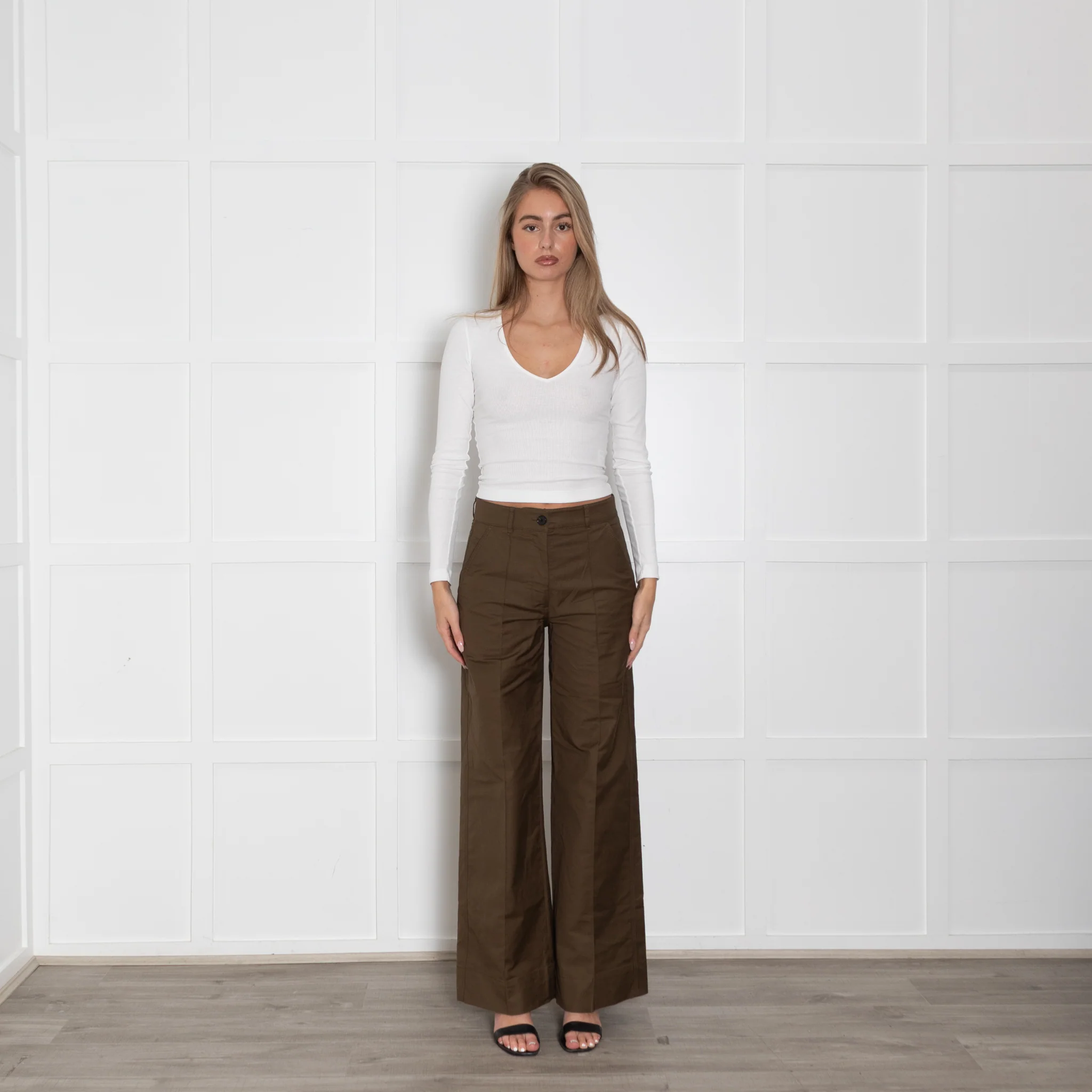 Me + Em Khaki Creased Front Wide Leg Trousers