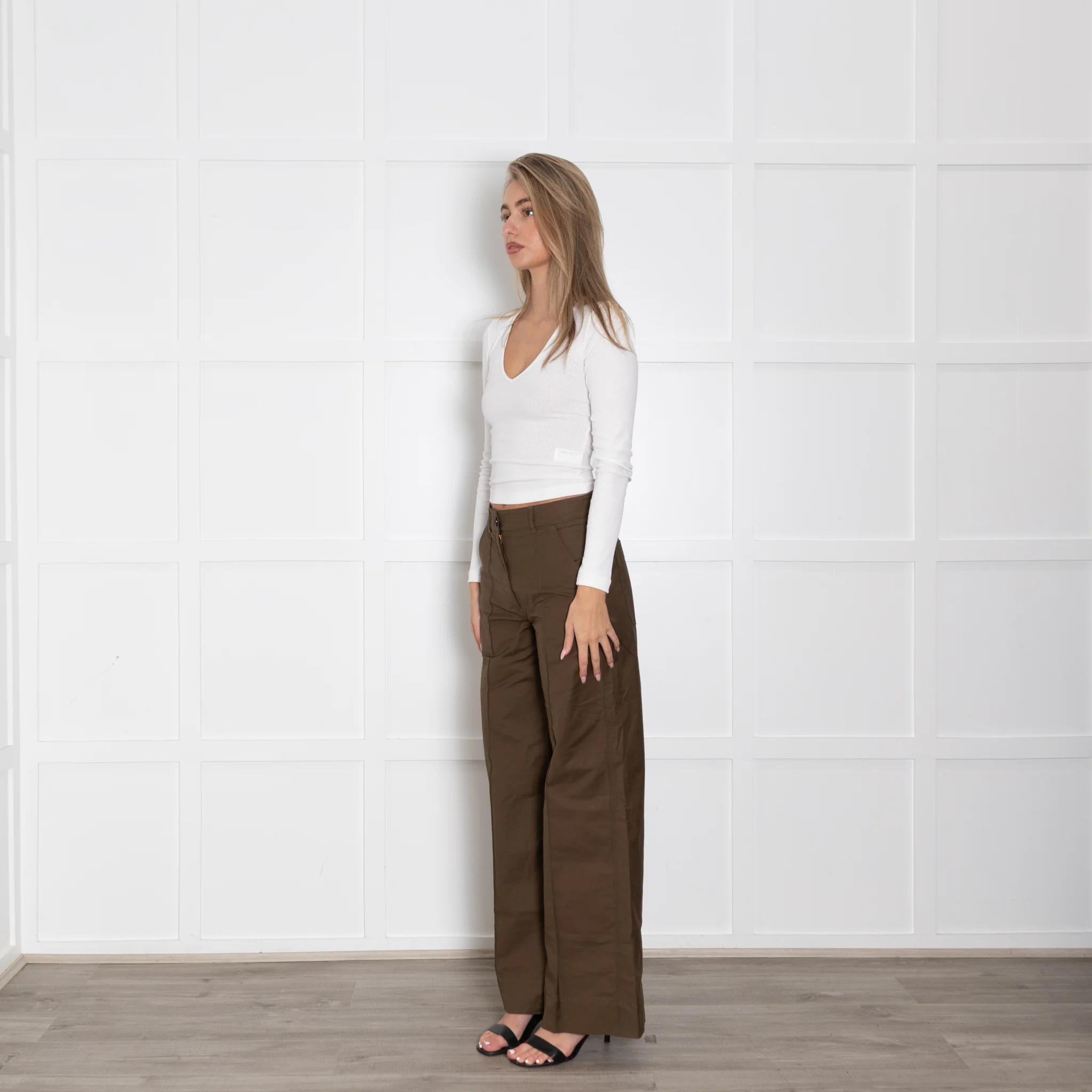 Me + Em Khaki Creased Front Wide Leg Trousers - Image 3