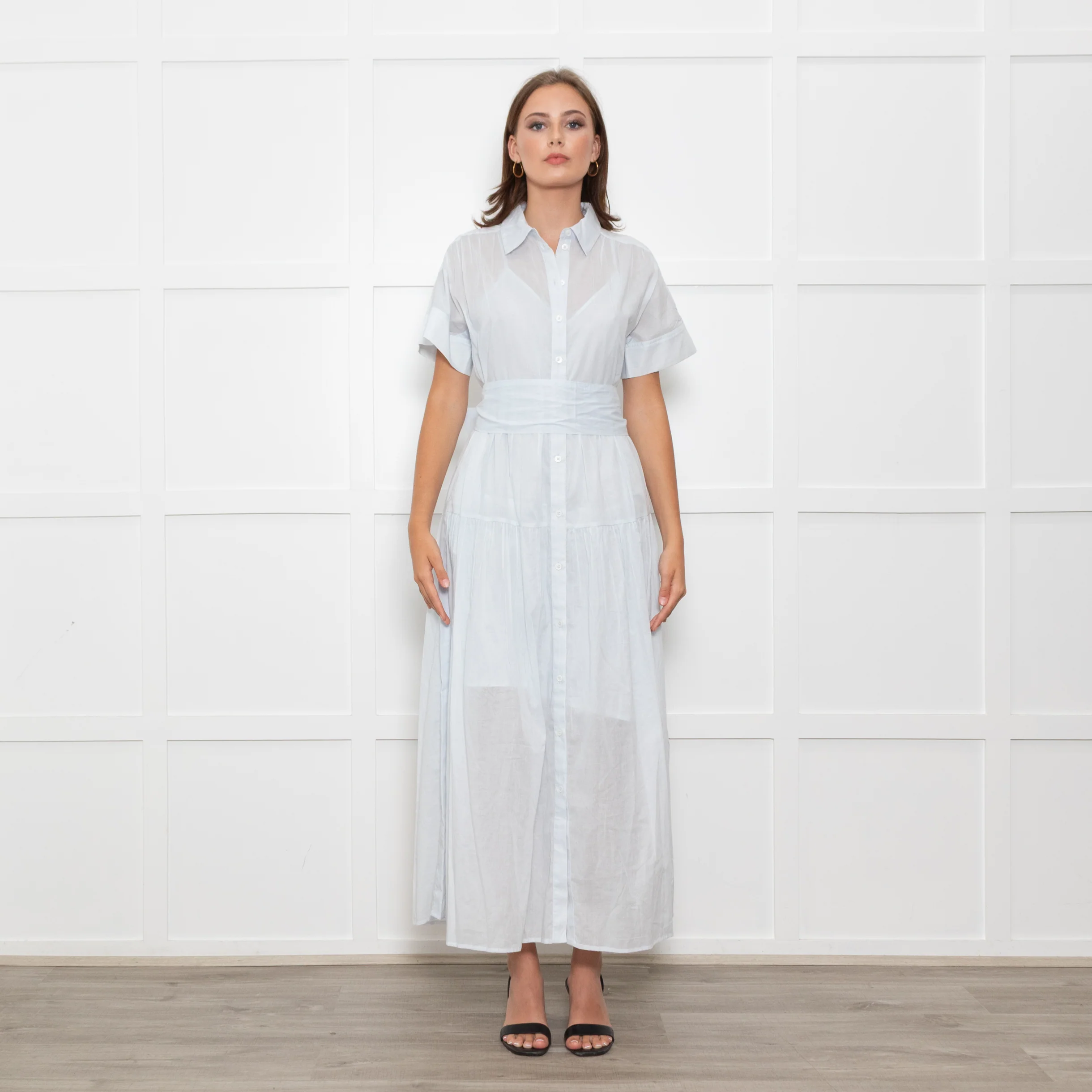 Me + Em Light Blue Button Up Front Short Sleeve Cotton Maxi Dress With Slip