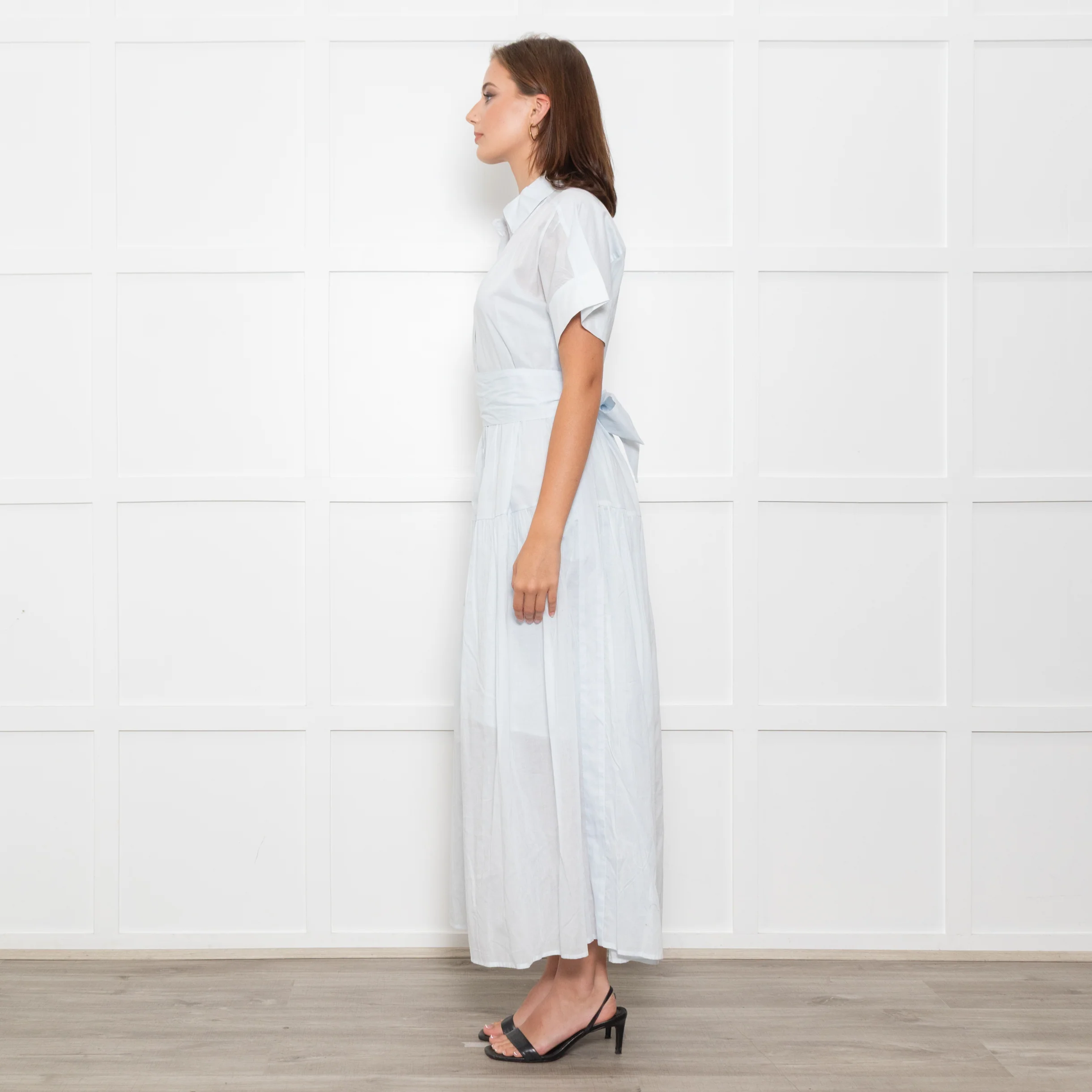 Me + Em Light Blue Button Up Front Short Sleeve Cotton Maxi Dress With Slip - Image 4