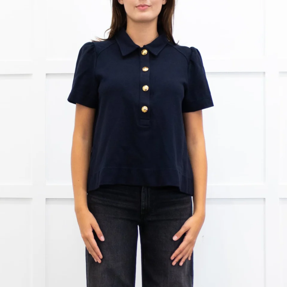 Me + Em Navy Blue Gold Button Puff Sleeve Wide Top - Image 2
