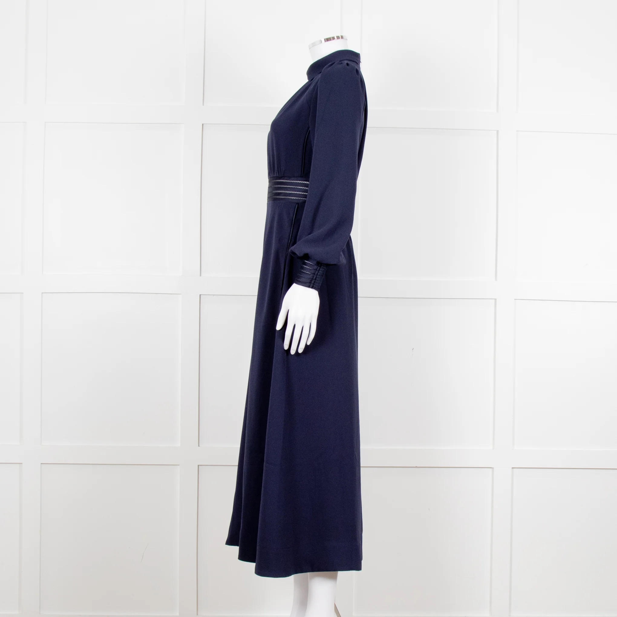 Me + Em Navy Blue Ladder Trim Crepe Long Sleeve Dress - Image 3