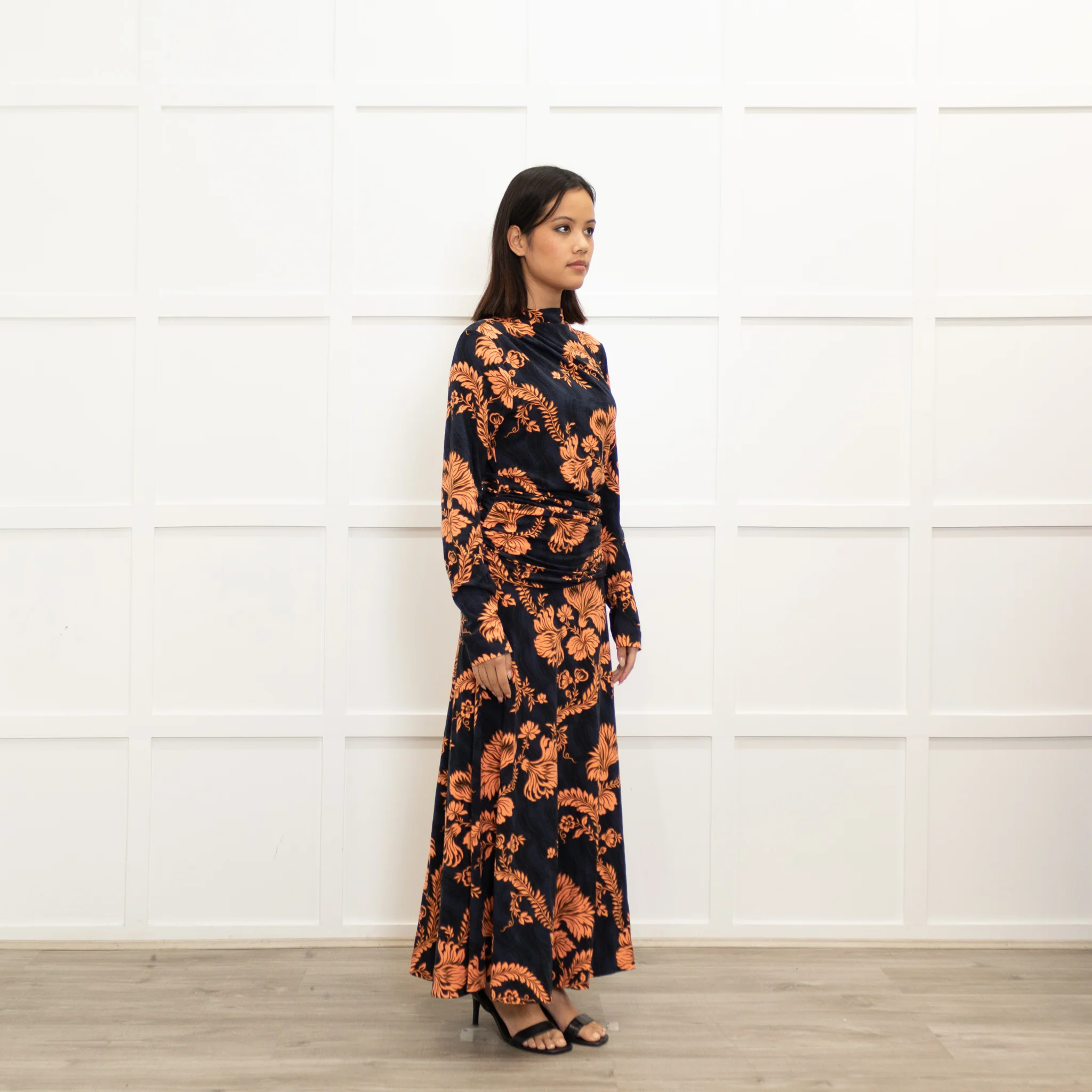 Me + Em Navy Blue Orange Floral Jersey Maxi Dress - Image 3