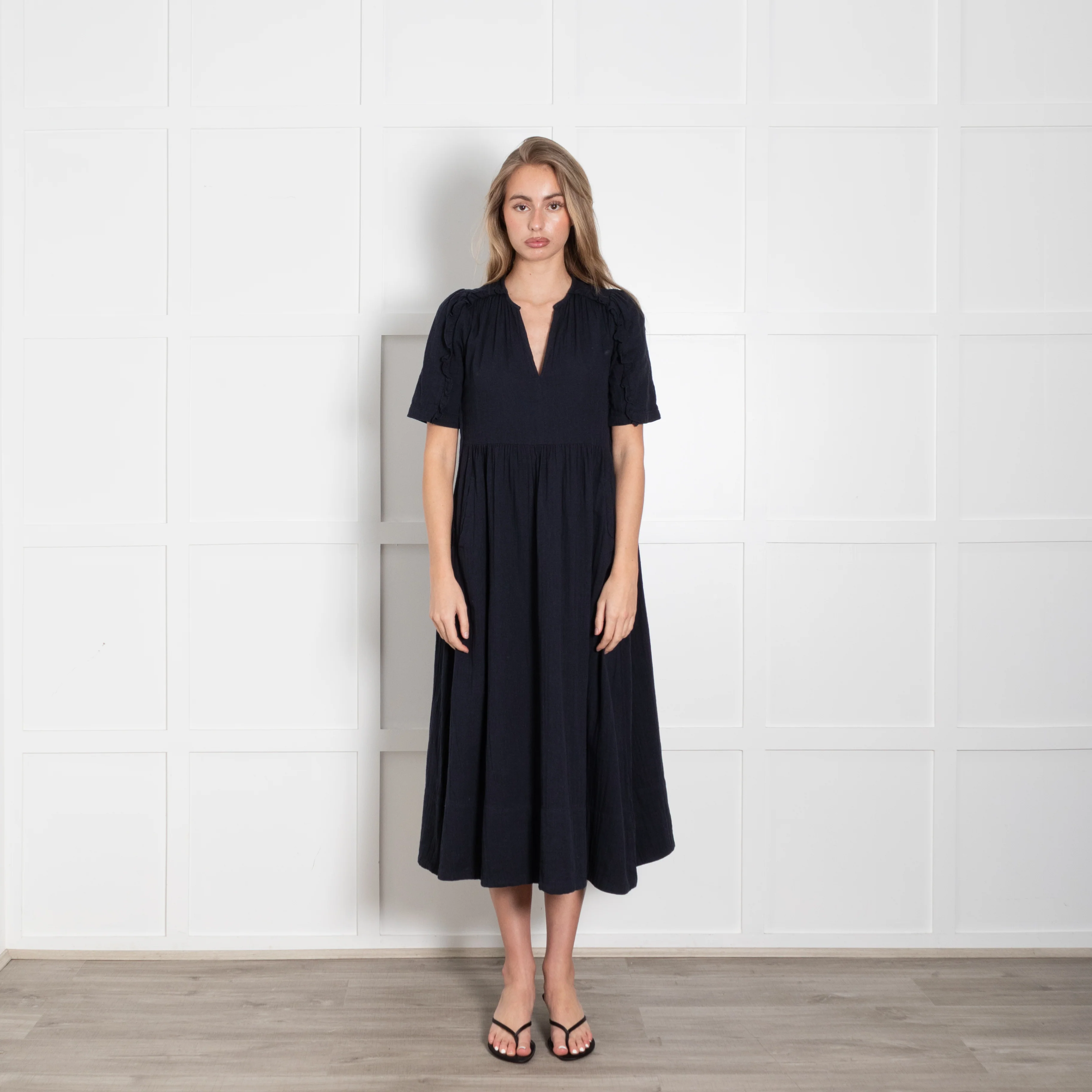 Me + Em Navy Blue Ruffled Short Sleeve & Side Pockets Dress