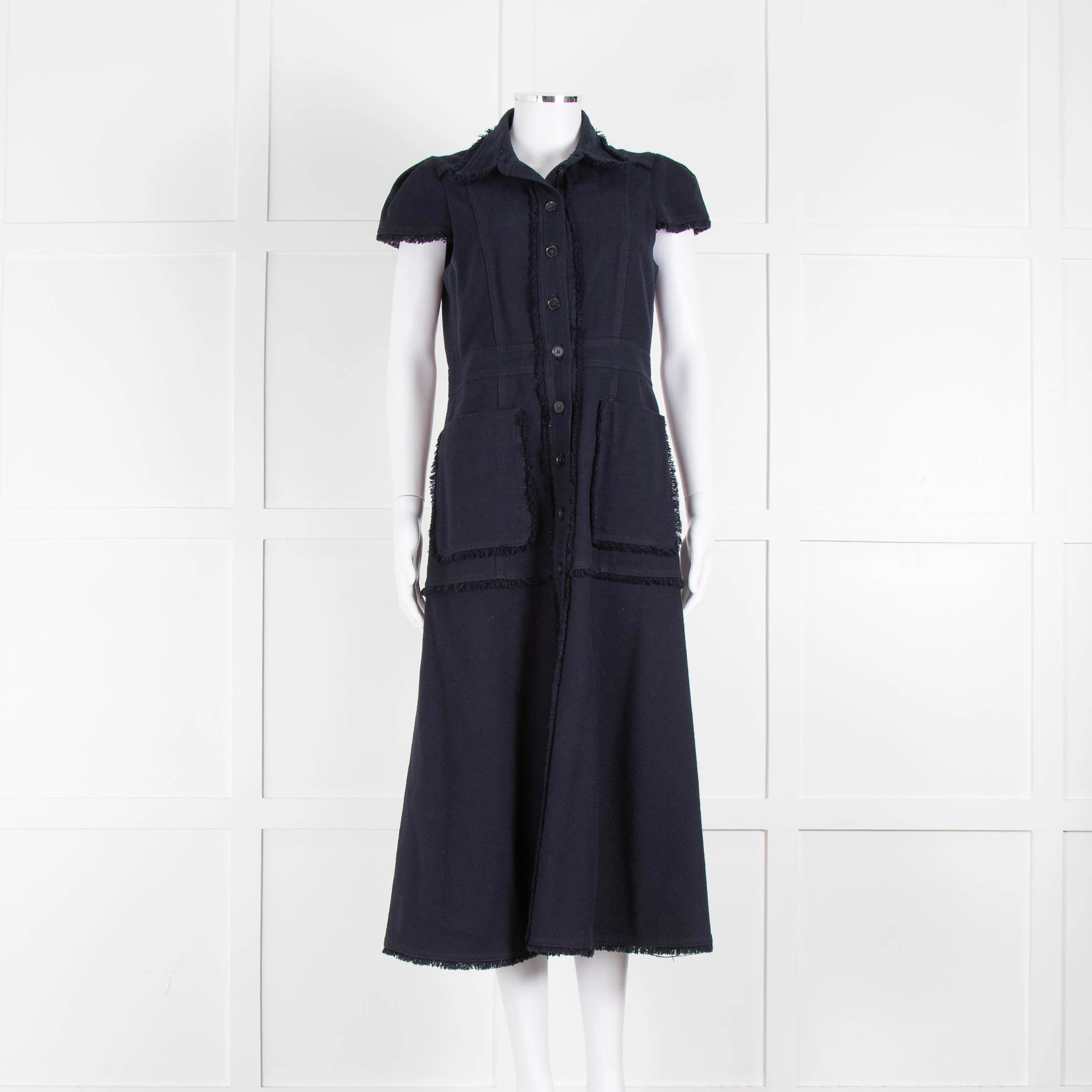 Me + Em Navy Cotton Dress Short Sleeve Dress With Frayed Trim