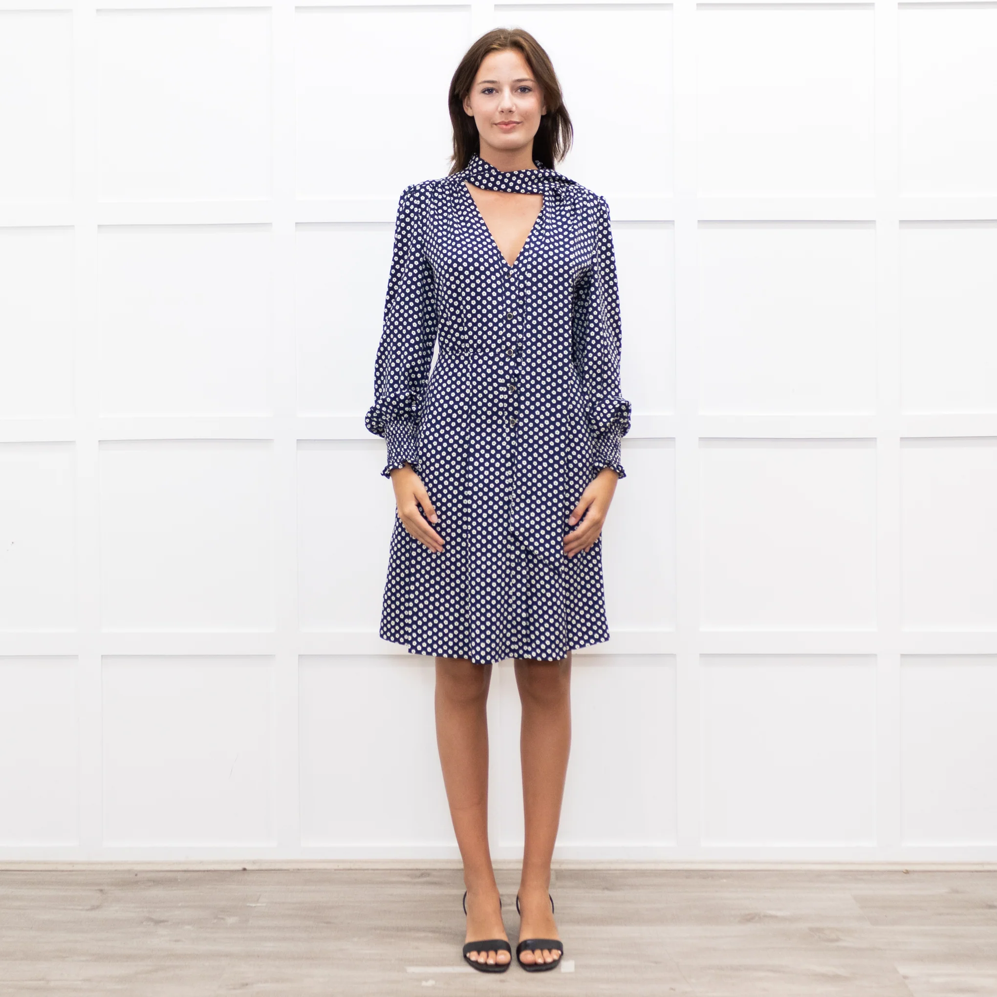 Me + Em Navy Floral Print Pussy Bow Long Sleeve Dress