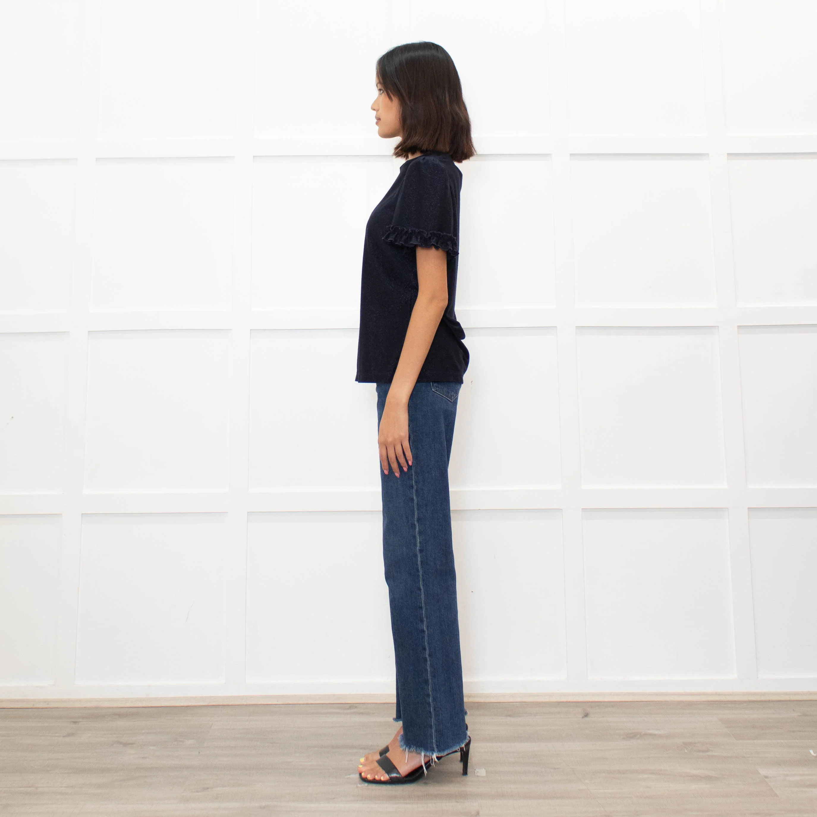 Me + Em Navy Glitter Frill trim Short Sleeve Top - Image 6