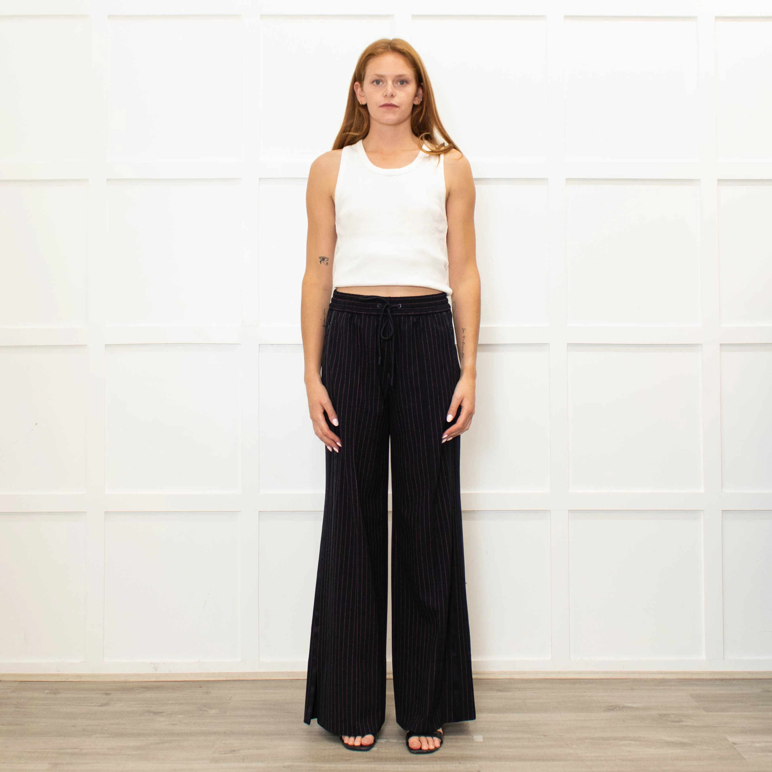 Me + Em Navy Pink Pinstripe Wide Leg Trousers