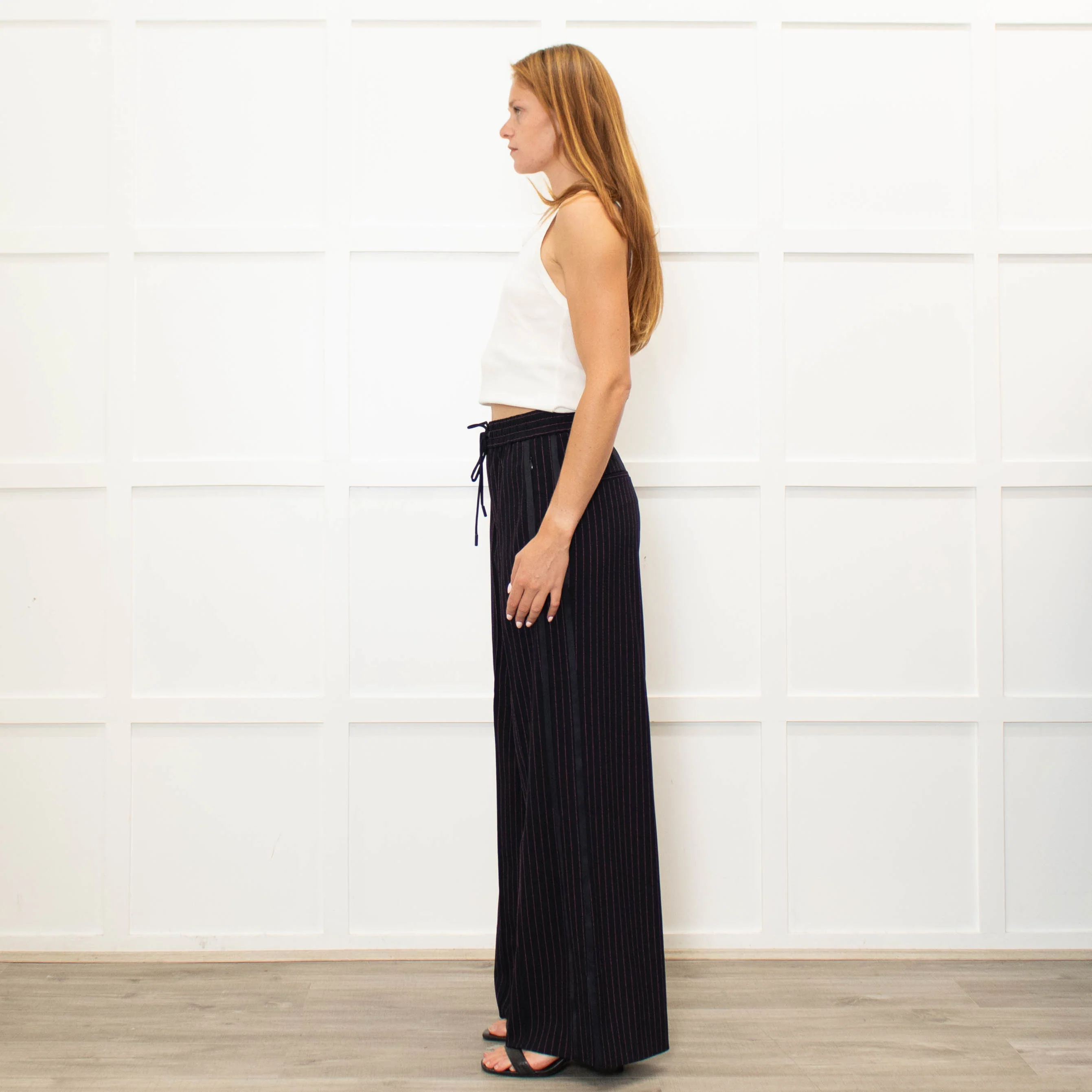 Me + Em Navy Pink Pinstripe Wide Leg Trousers - Image 4