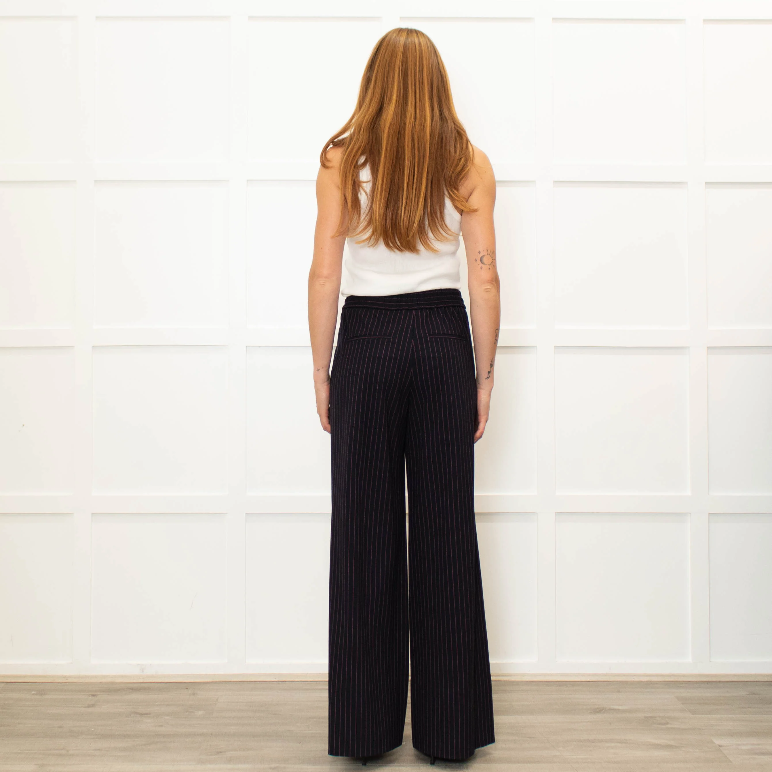 Me + Em Navy Pink Pinstripe Wide Leg Trousers - Image 5