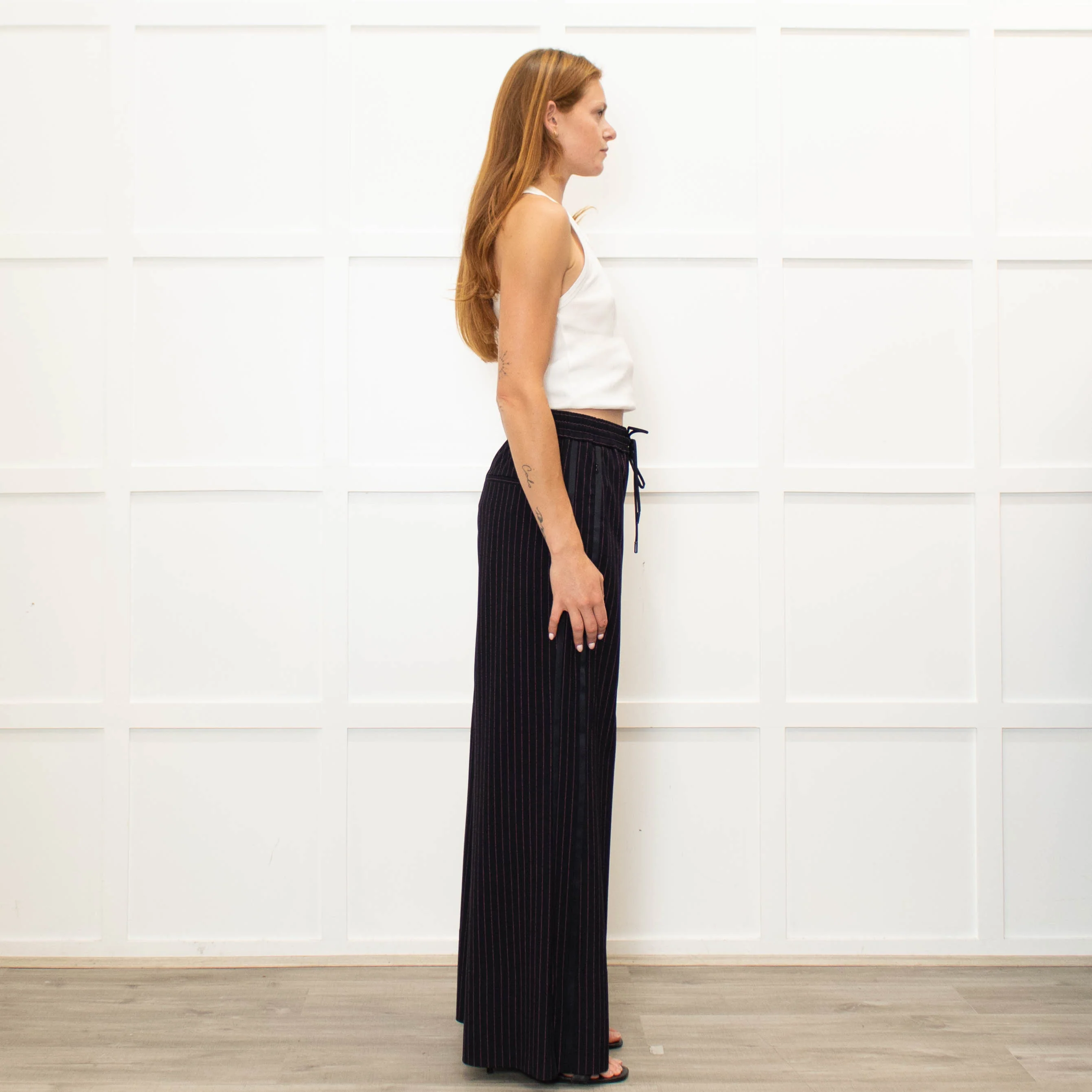 Me + Em Navy Pink Pinstripe Wide Leg Trousers - Image 6