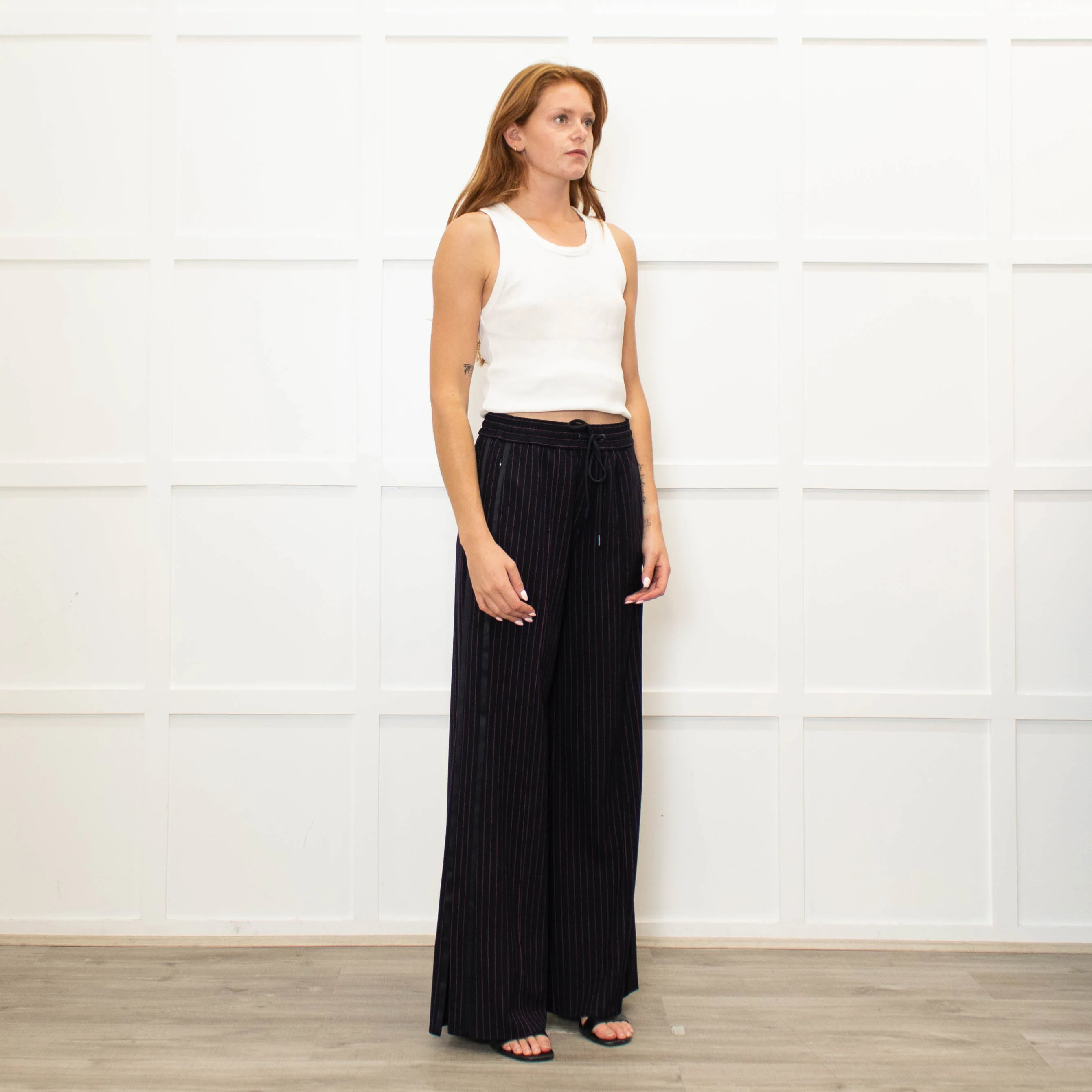 Me + Em Navy Pink Pinstripe Wide Leg Trousers - Image 7