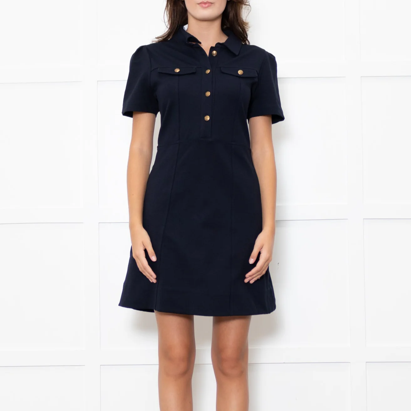 Me + Em Navy Short Sleeve Dress With Gold Buttons - Image 2