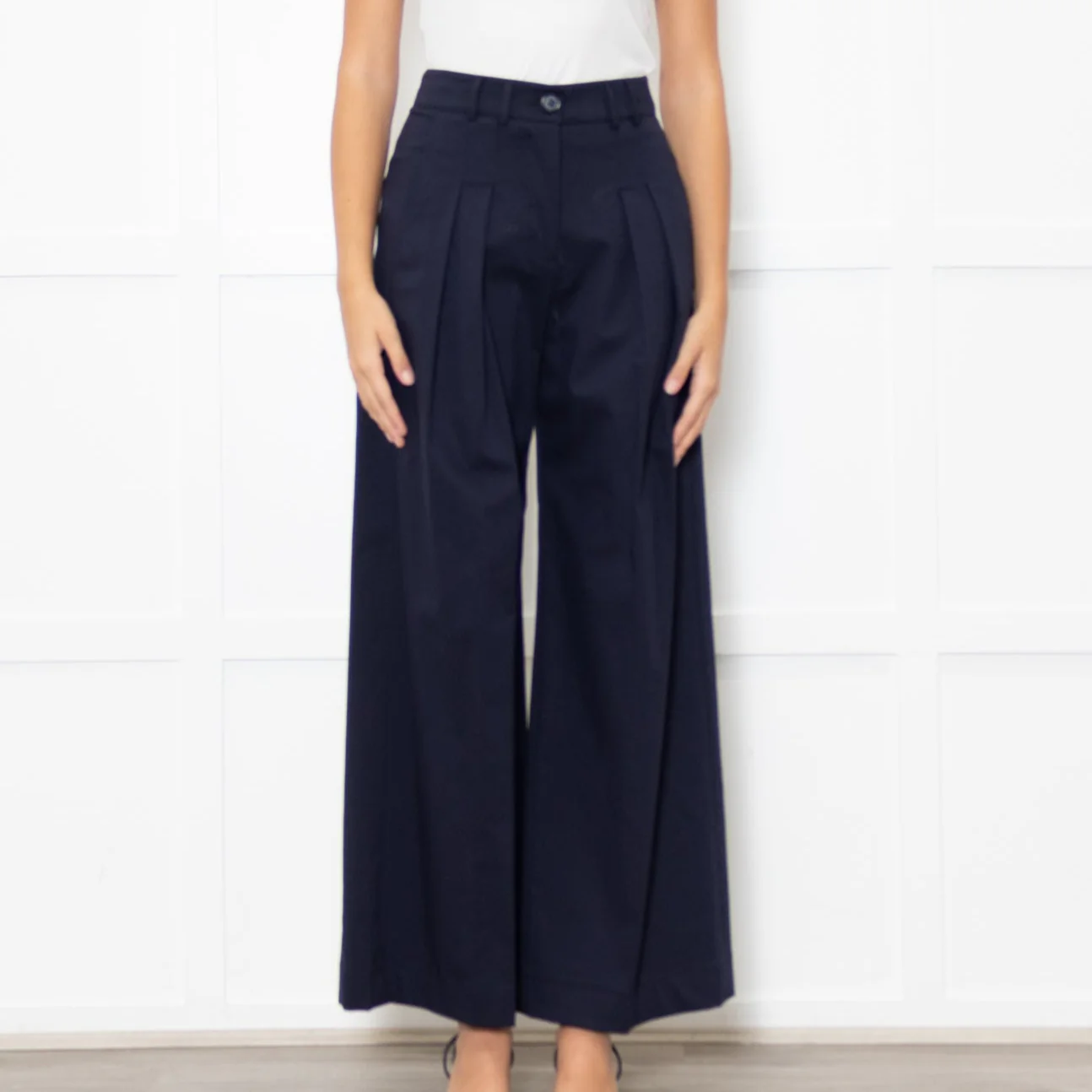 Me + Em Navy Wide Leg Soft Cotton Trousers - Image 2