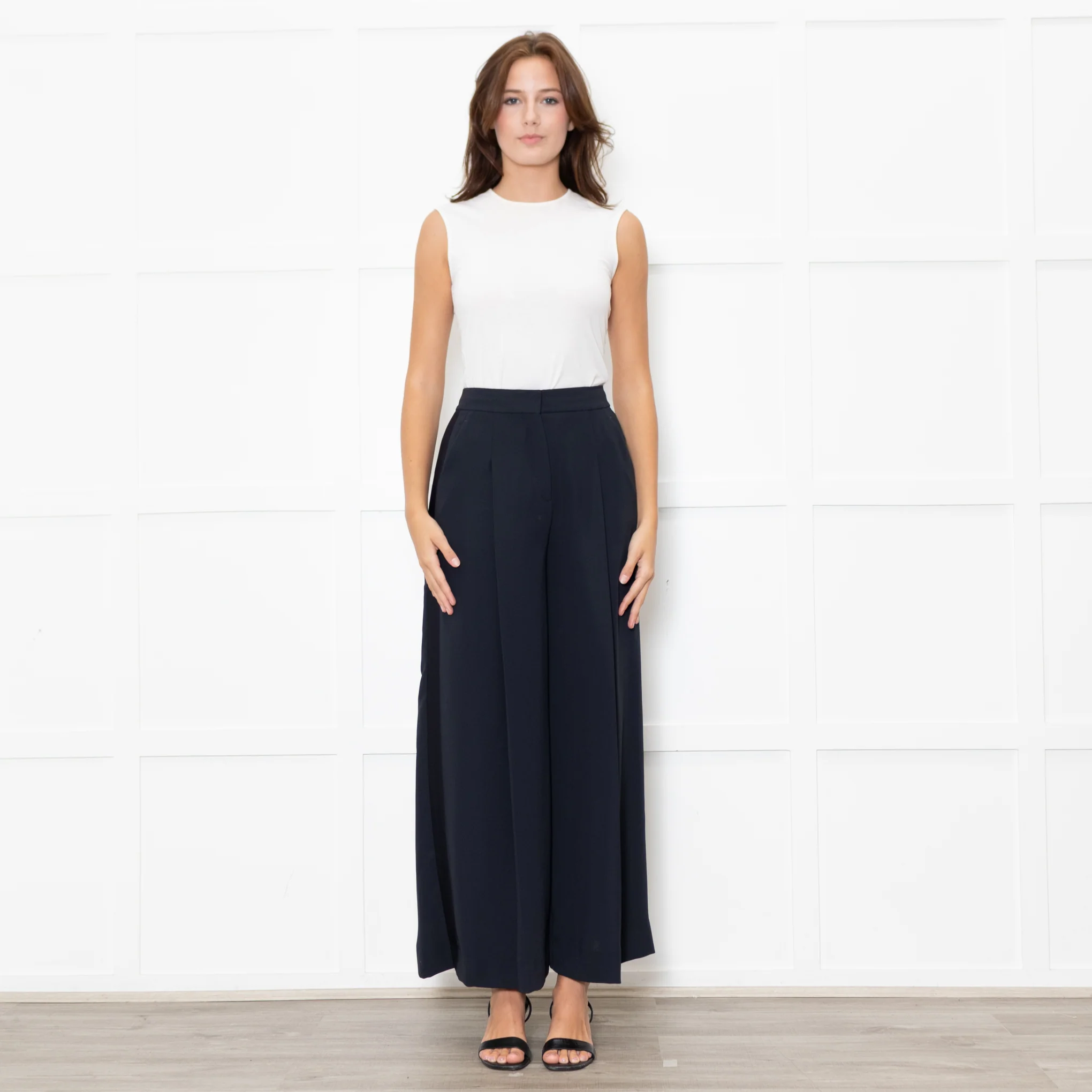 Me + Em Navy Wide Leg Trousers with Satin Side Stripe