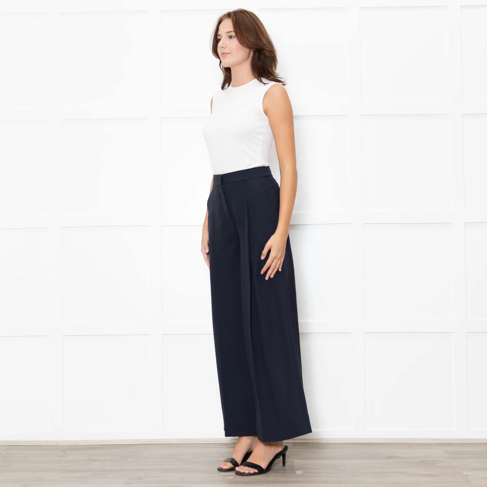 Me + Em Navy Wide Leg Trousers with Satin Side Stripe - Image 3