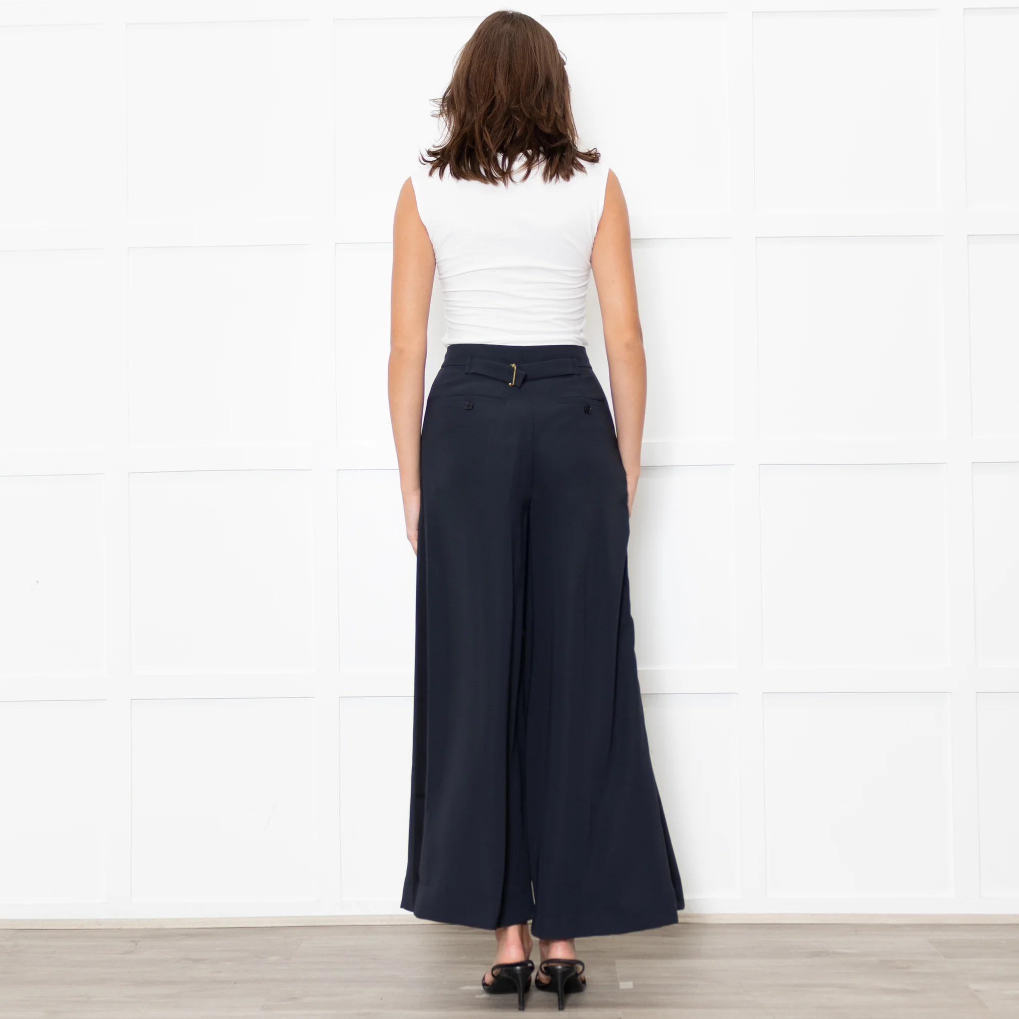 Me + Em Navy Wide Leg Trousers with Satin Side Stripe - Image 5