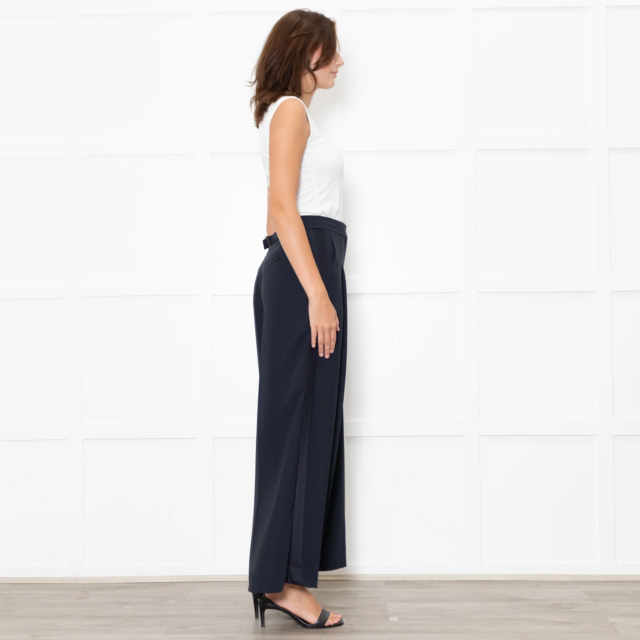 Me + Em Navy Wide Leg Trousers with Satin Side Stripe - Image 6