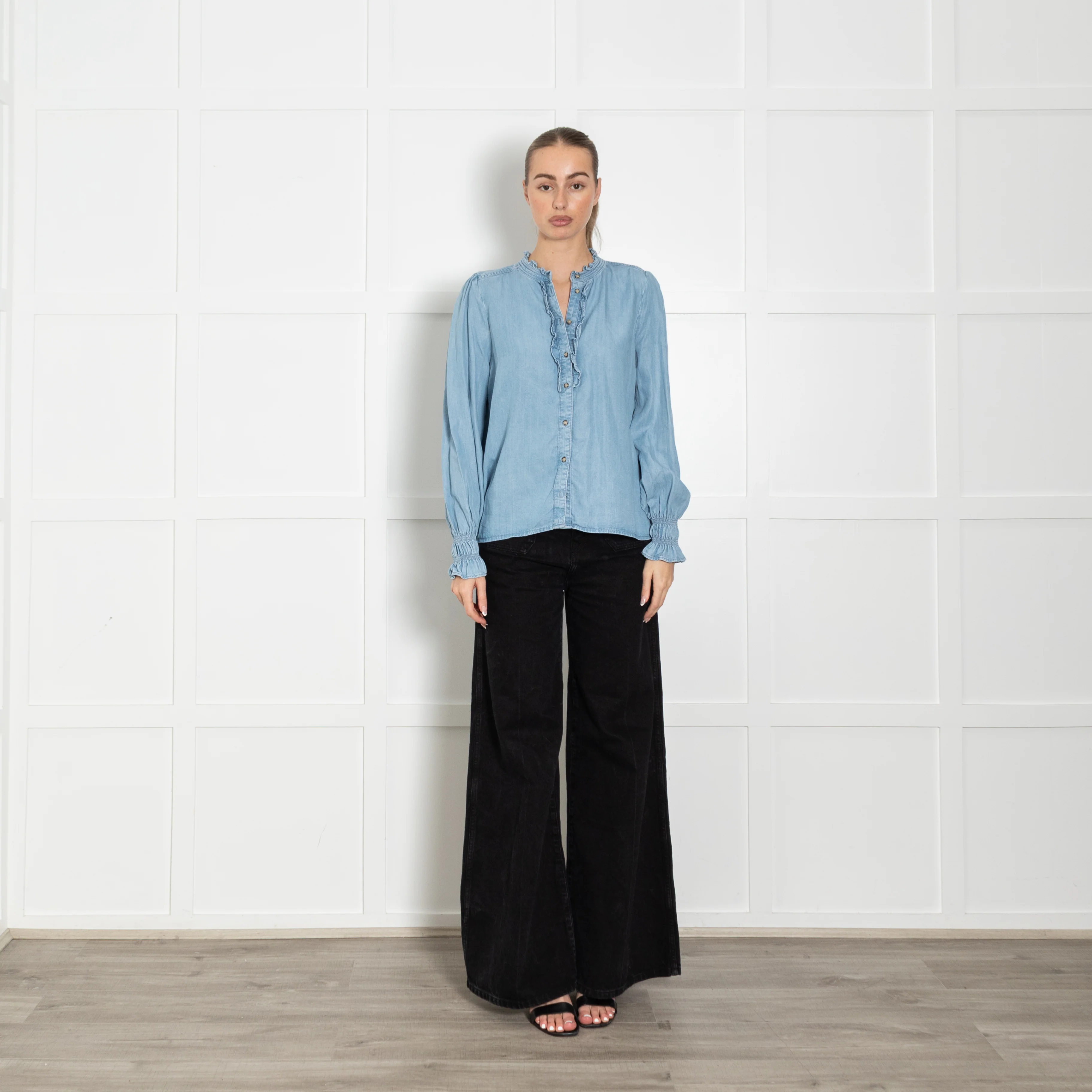 Me + Em Pale Blue Denim Ruffle Trim Blouse