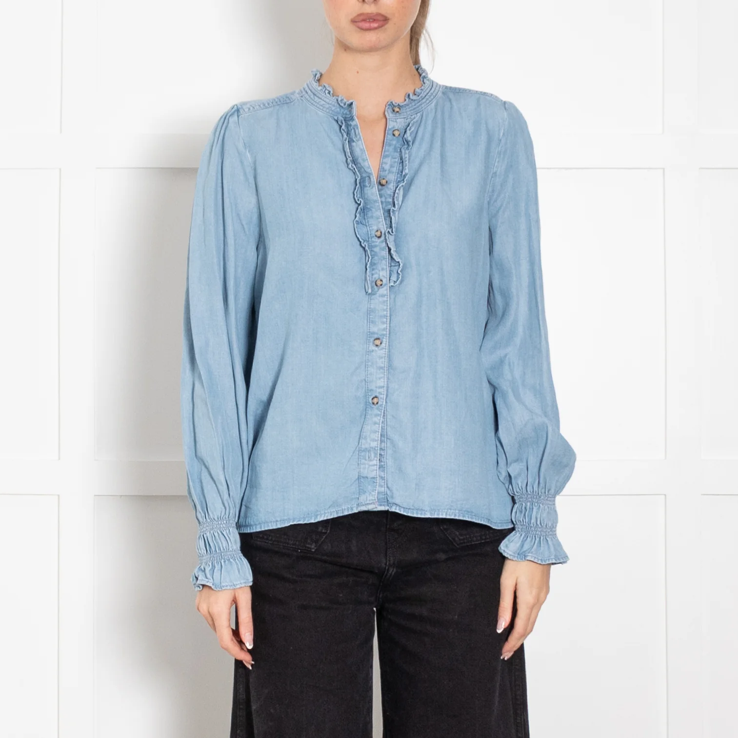 Me + Em Pale Blue Denim Ruffle Trim Blouse - Image 2
