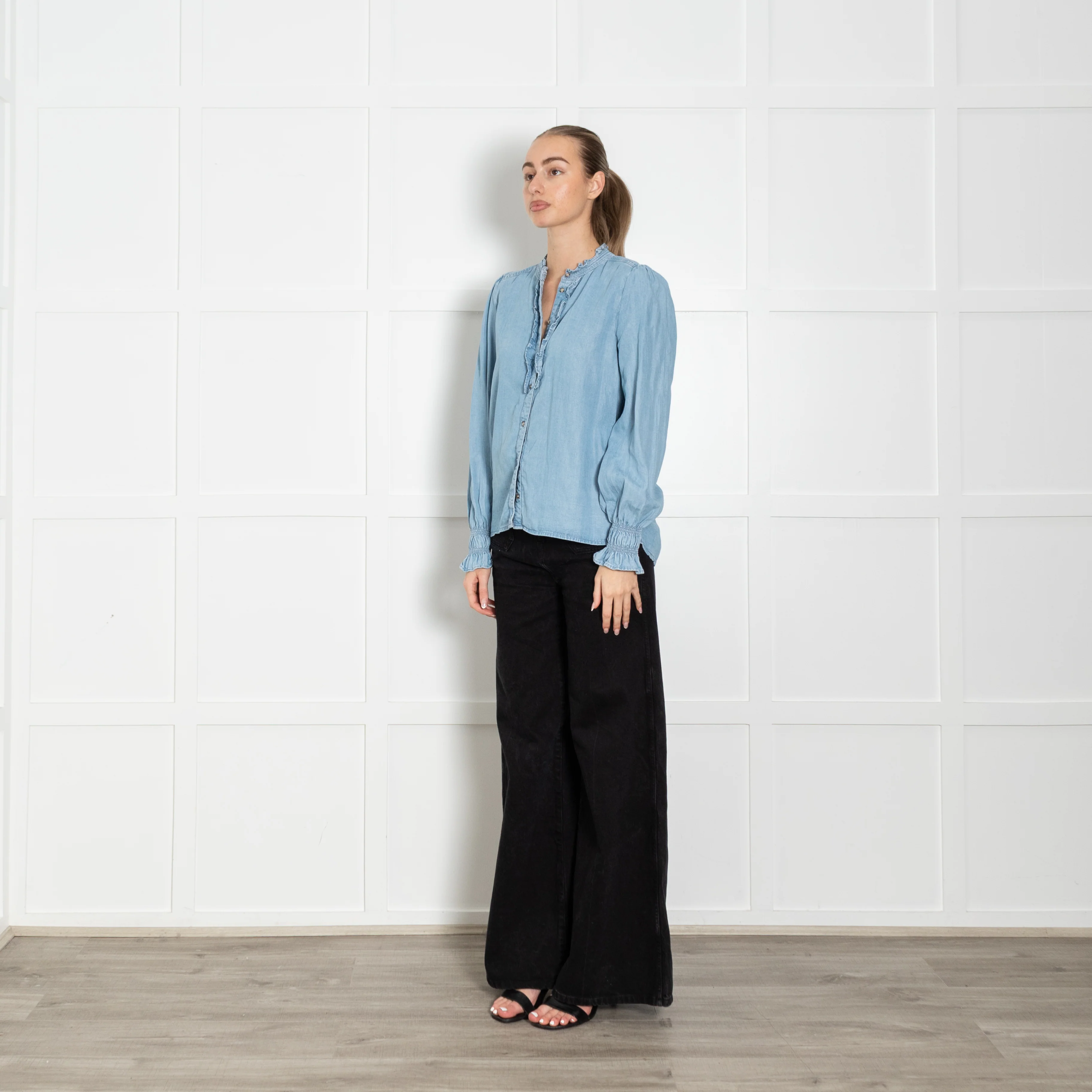 Me + Em Pale Blue Denim Ruffle Trim Blouse - Image 3