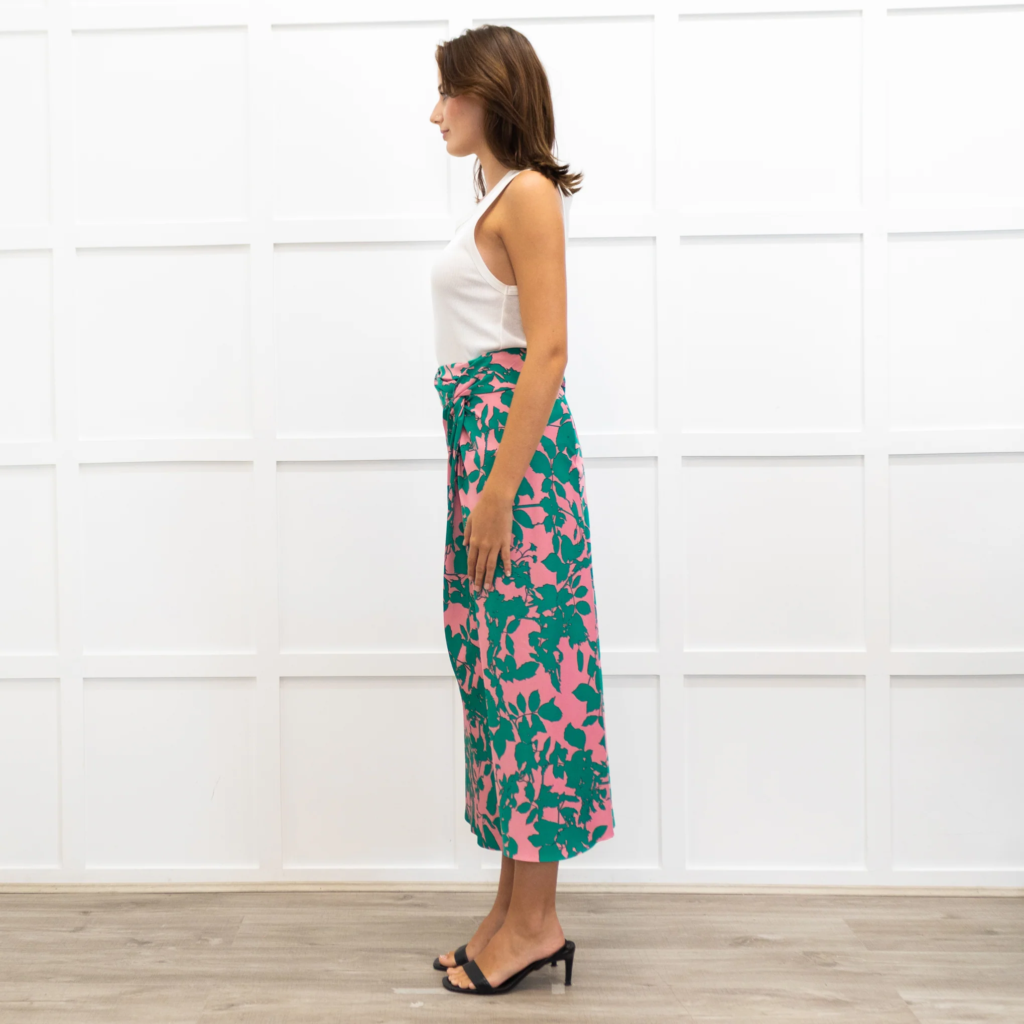 Me + Em Pink and Green Floral Print Twist Waist Skirt - Image 4