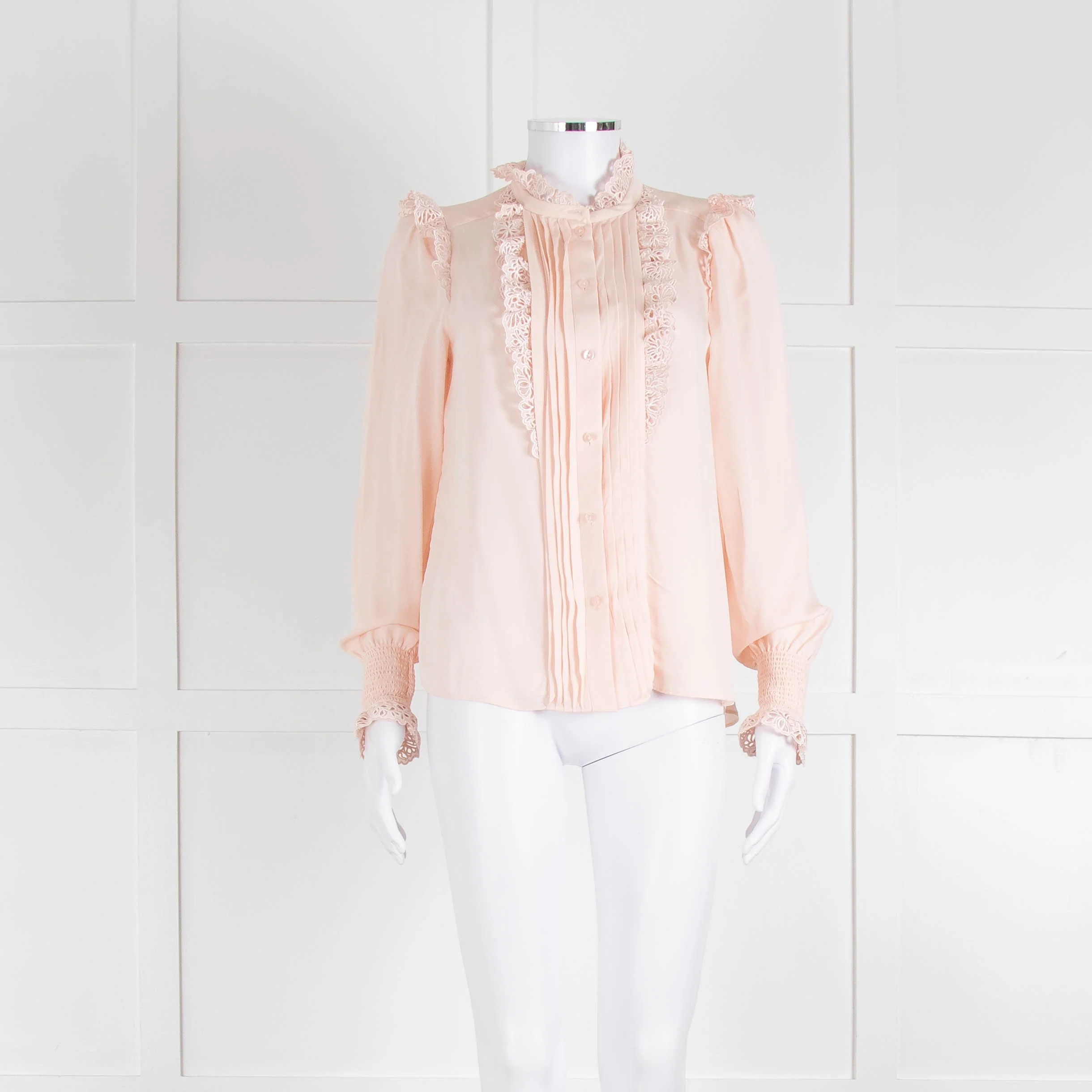 Me + Em Pink Frill Neck Blouse with Lace Trims and Smocked Cuffs