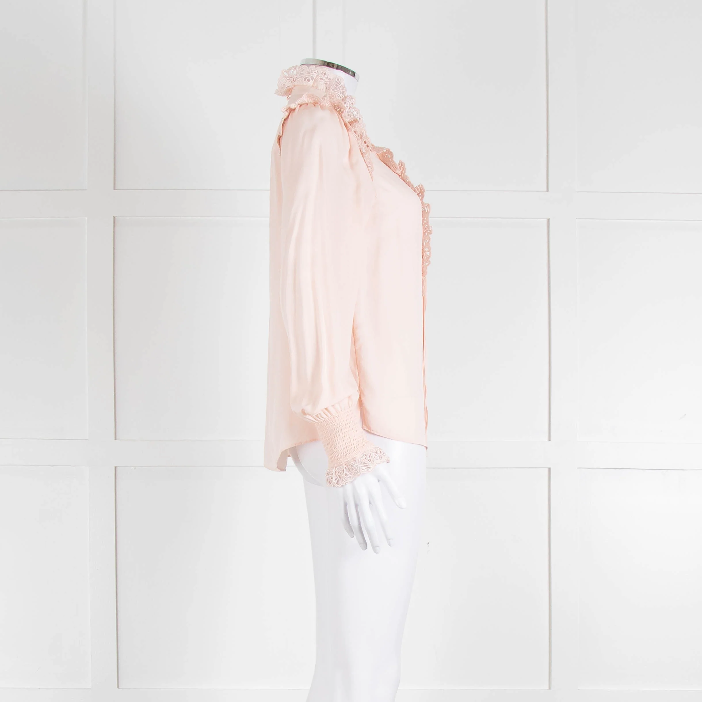 Me + Em Pink Frill Neck Blouse with Lace Trims and Smocked Cuffs - Image 3