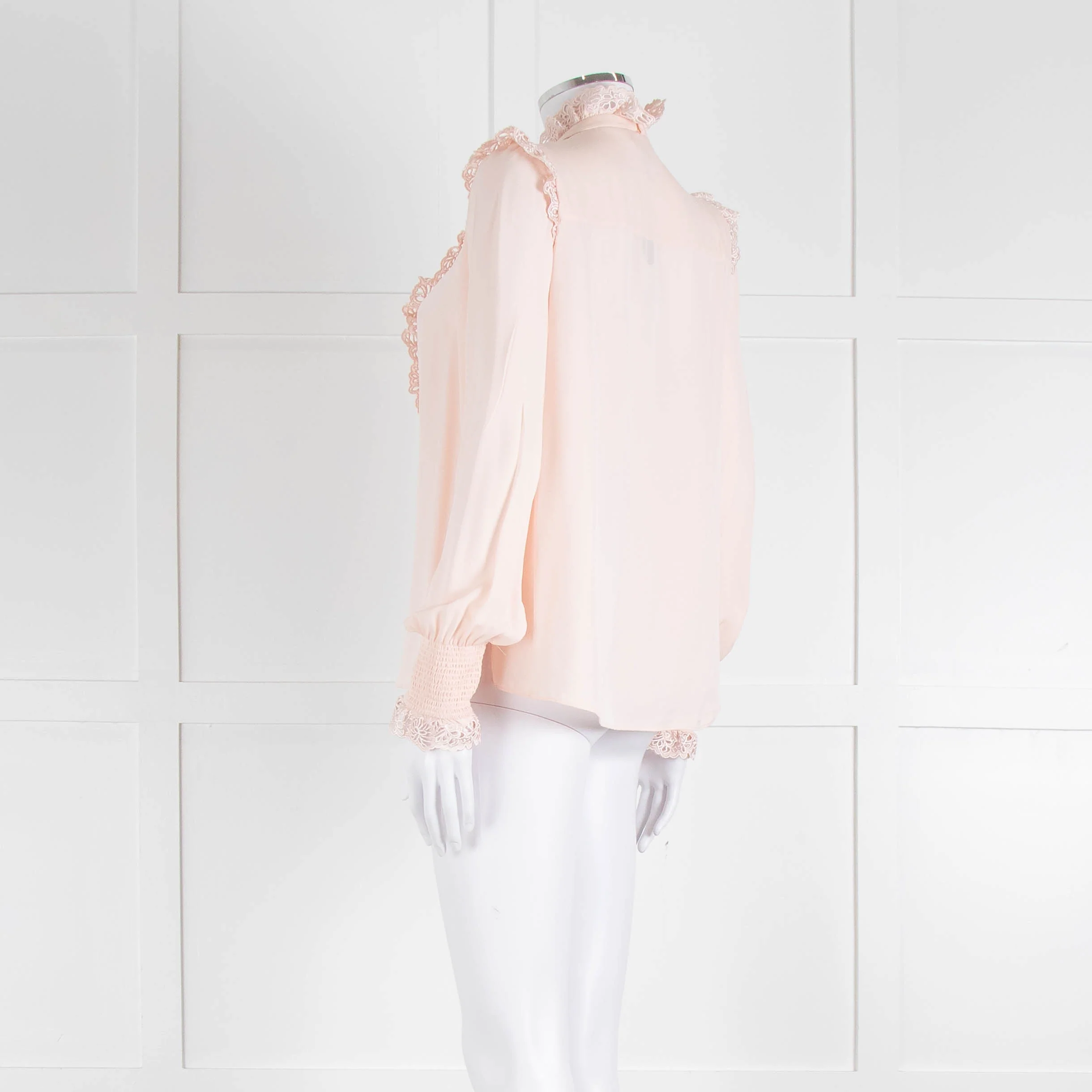 Me + Em Pink Frill Neck Blouse with Lace Trims and Smocked Cuffs - Image 6