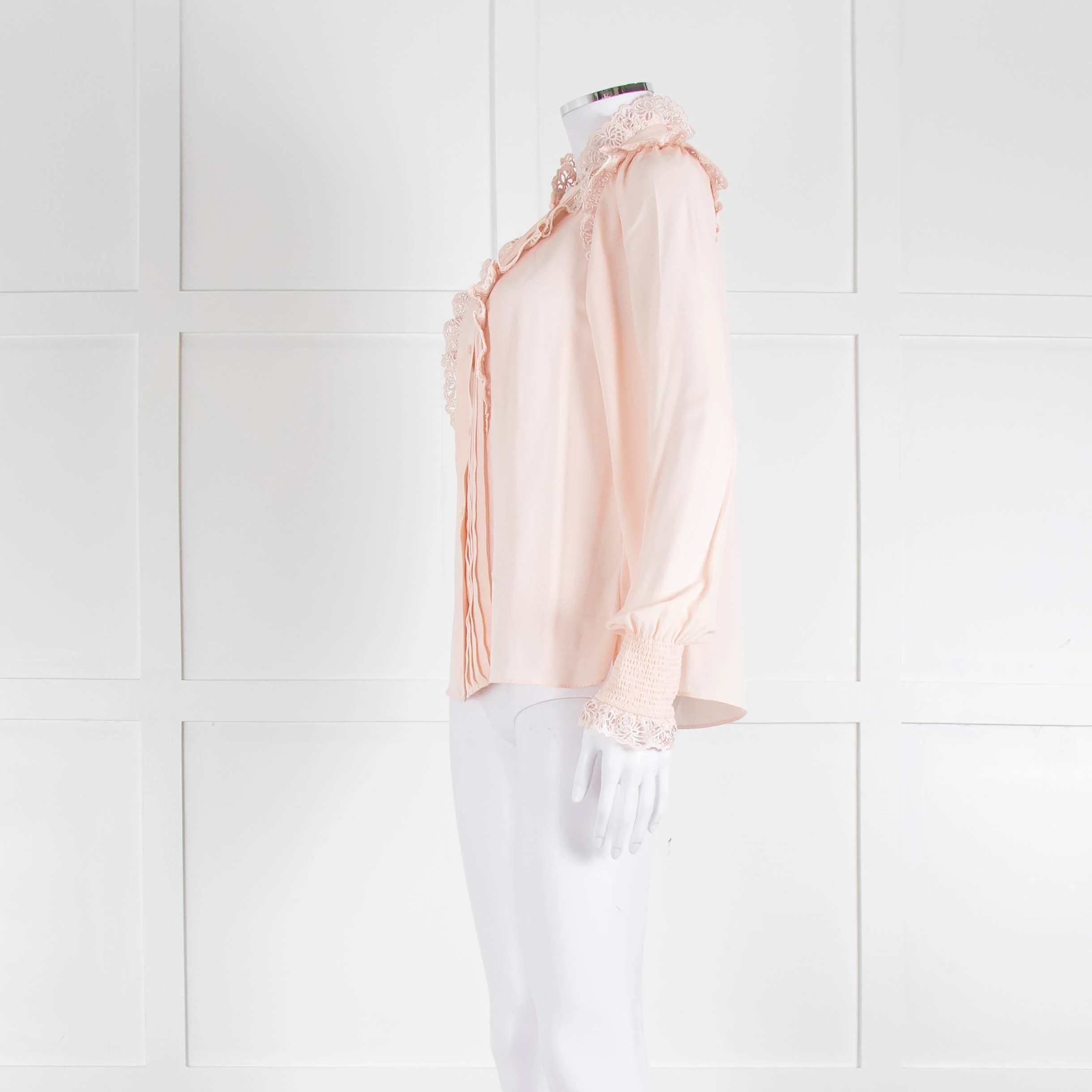 Me + Em Pink Frill Neck Blouse with Lace Trims and Smocked Cuffs - Image 7