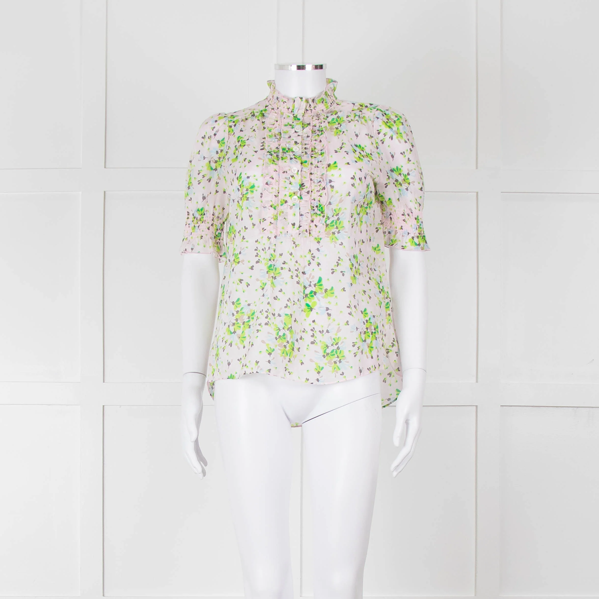 Me + Em Pink, Green & Grey Floral Silk Mix Short Sleeve Frill Top