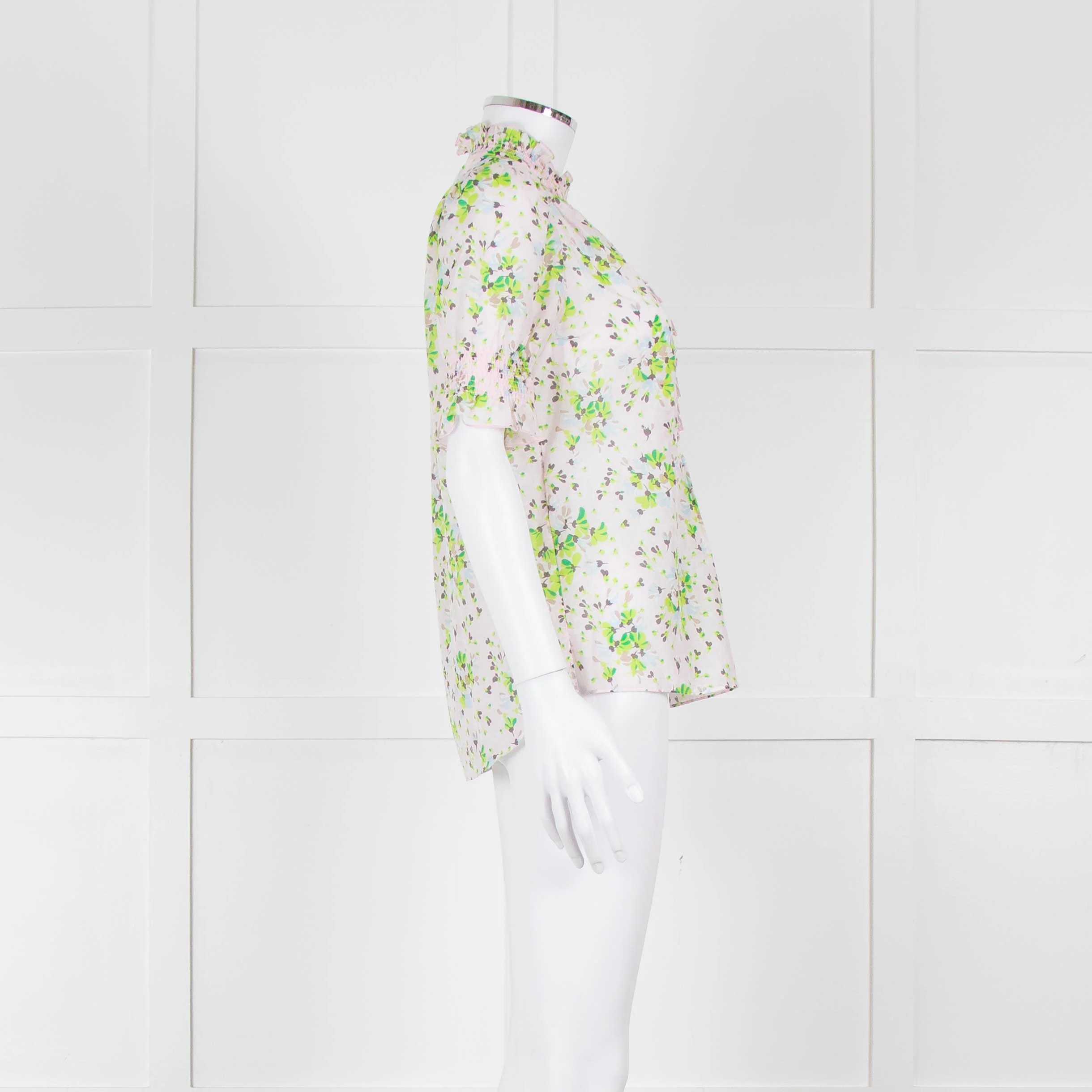 Me + Em Pink, Green & Grey Floral Silk Mix Short Sleeve Frill Top - Image 3
